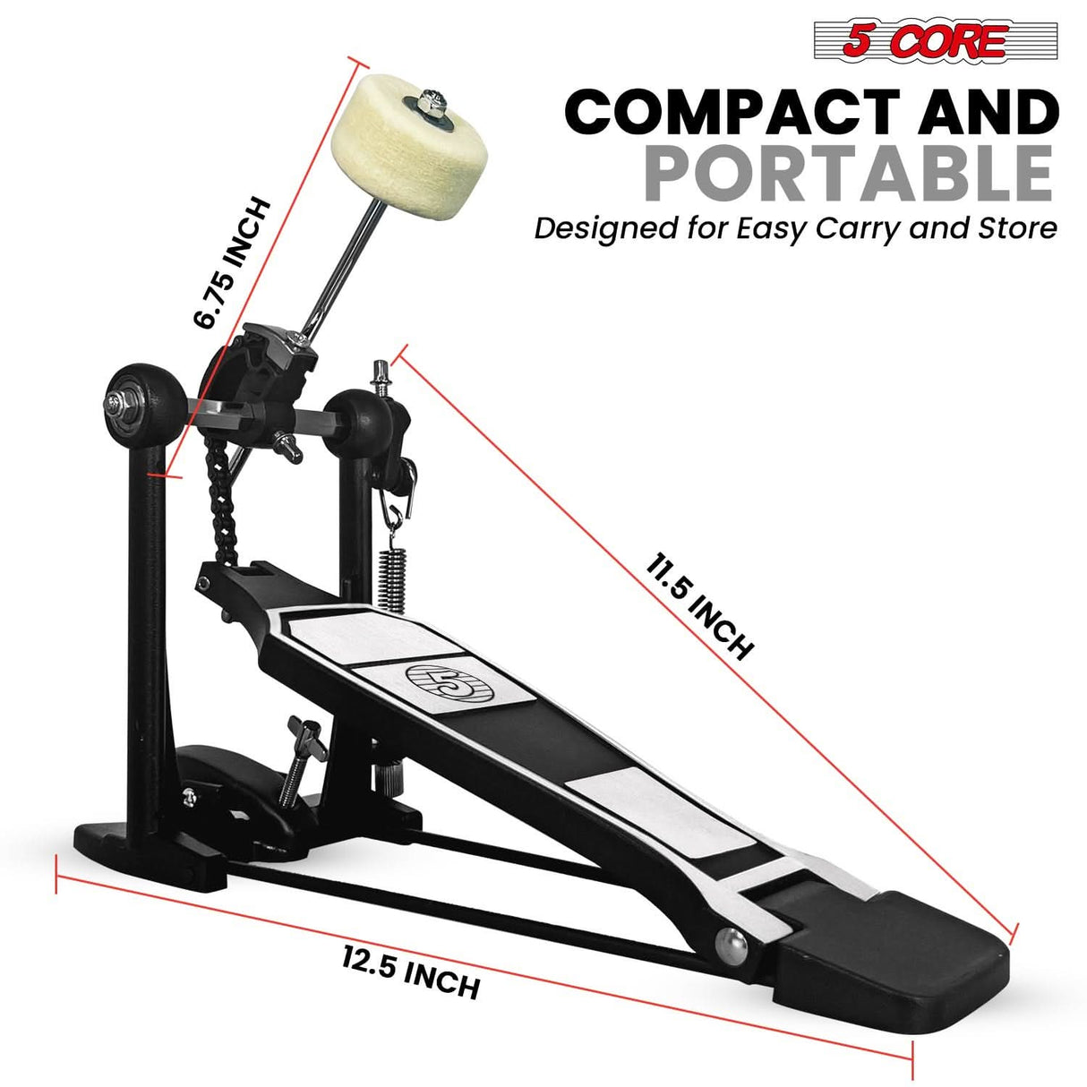 5 Core Bass Drum Pedal Mount Adjustable Felt Beater Head Single Chain Heavyduty Kick Drum Foot Pedal