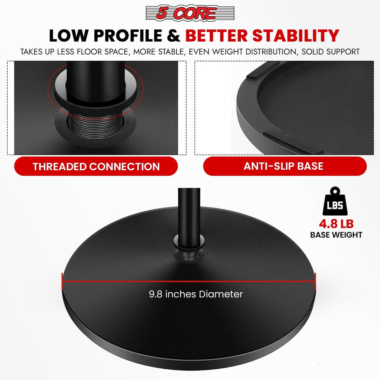 5 Core Mic Stand Floor Pair Height Adjustable Universal Heavy Weight Microphone Stands Round Base