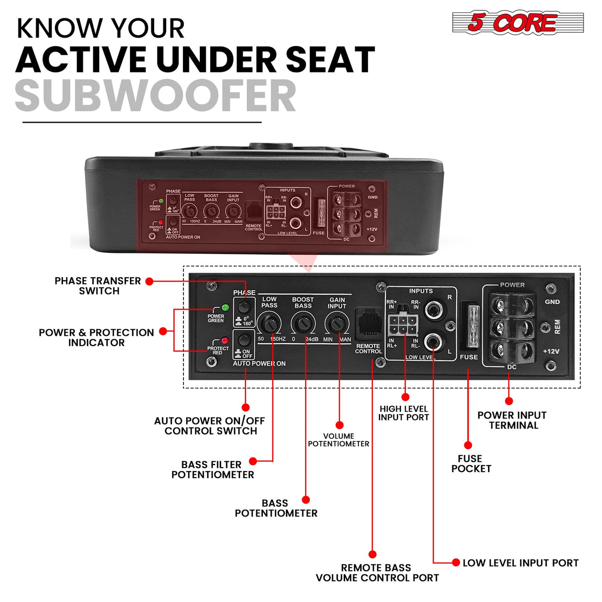 5Core 10 inch Slim Under Seat Car Audio Subwoofer 800W Built in Amplifier Sub Woofer LED Light