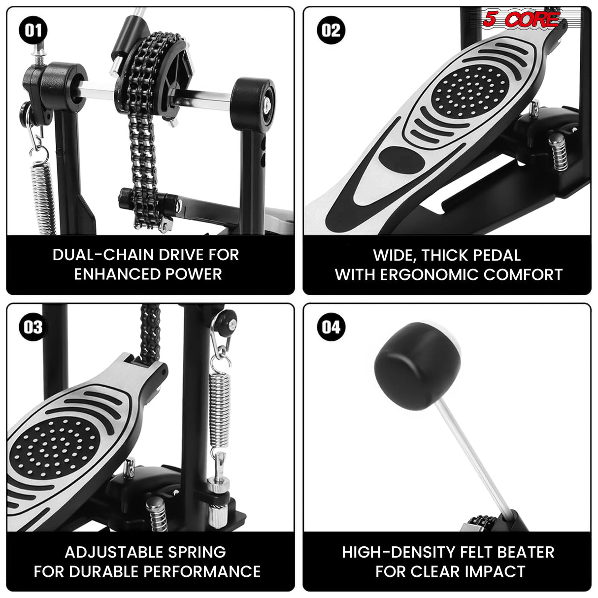 5 Core Bass Drum Pedal Mount Adjustable Felt Beater Head Single Chain Heavyduty Kick Drum Foot Pedal