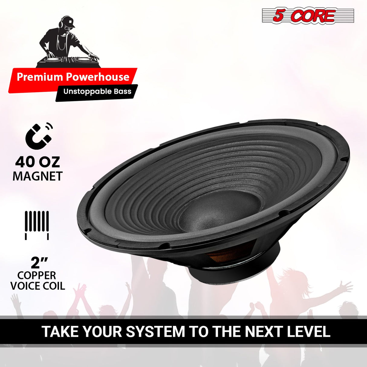 5 Core 15" Subwoofer 500W Car Audio Woofer 4 Ohm Impedance Replacement Deep Bass Sub w 60 Oz Magnet