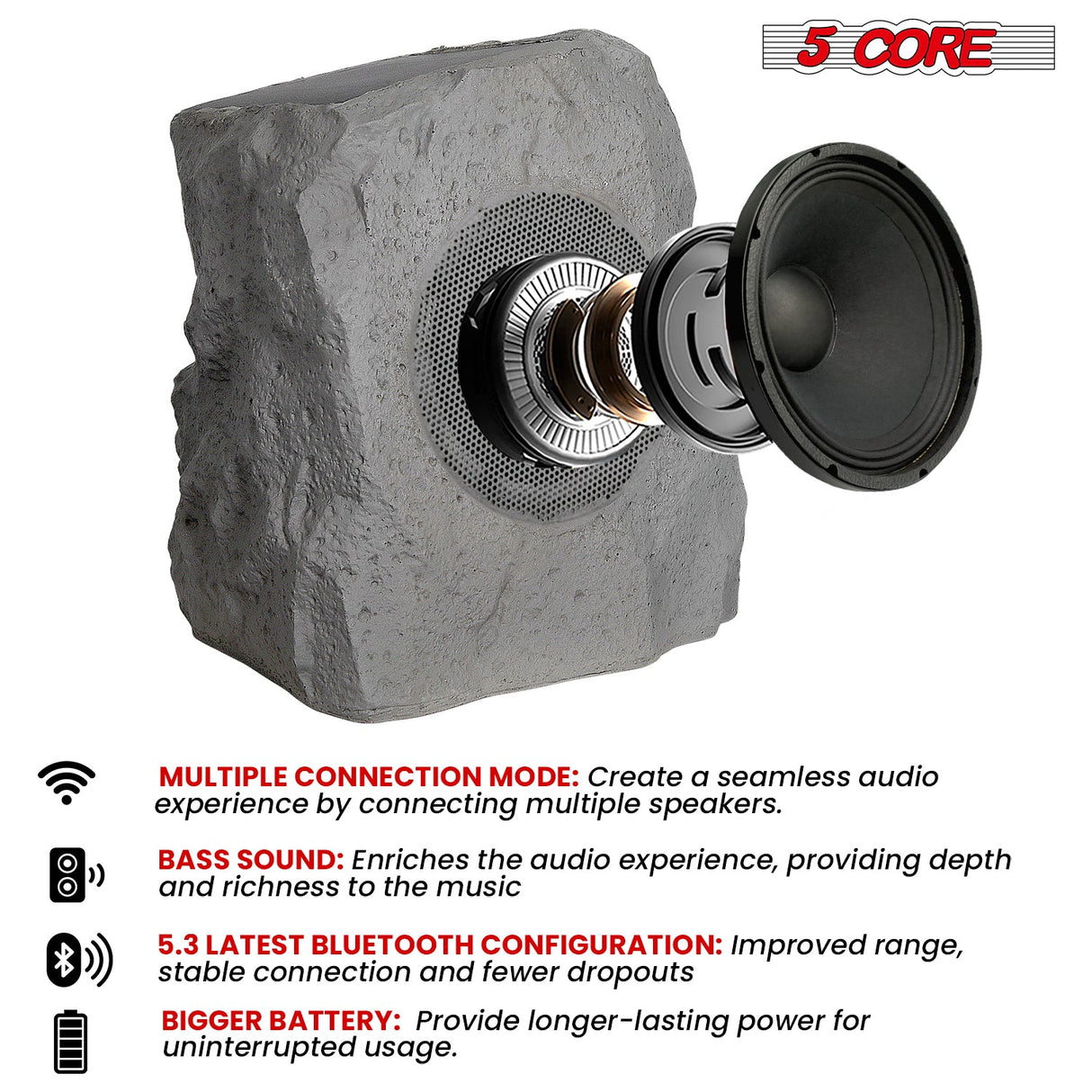 5 Core Rock Speaker Outdoor Waterproof Bluetooth Garden Speakers Solar & USB Charging RGB Colors for Patio Pool & Home