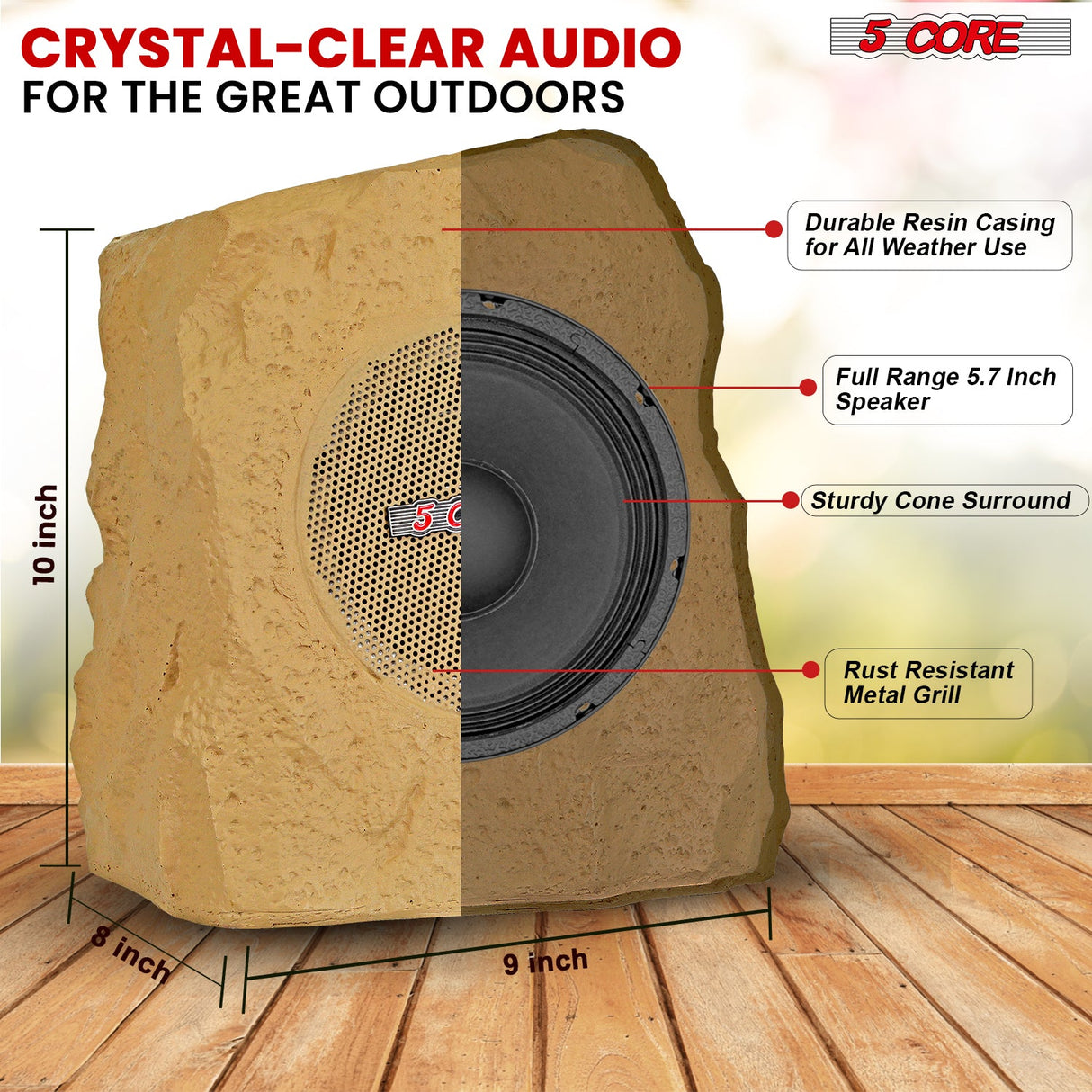 5 Core Rock Speaker Outdoor Waterproof Bluetooth Garden Speakers Solar & USB Charging RGB Colors for Patio Pool & Home