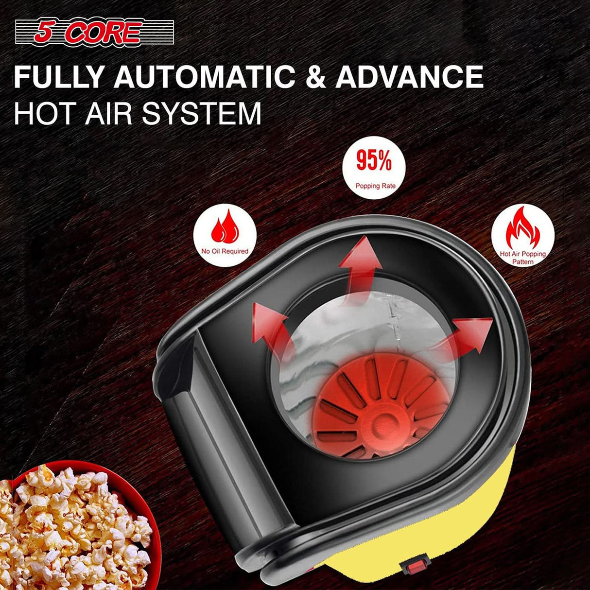 Hot air popcorn maker by 5Core with 16-cup capacity in yellow