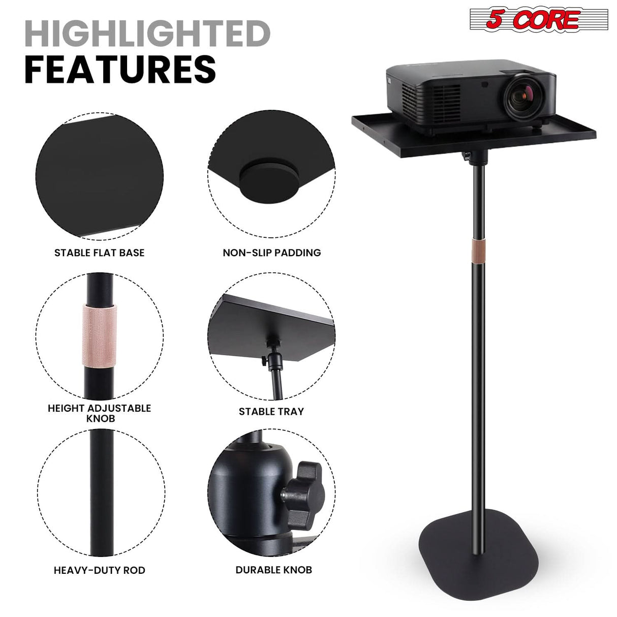 5 Core Projector Stand Floor Adjustable 53" Universal Projectors Support for Home Office & Studio