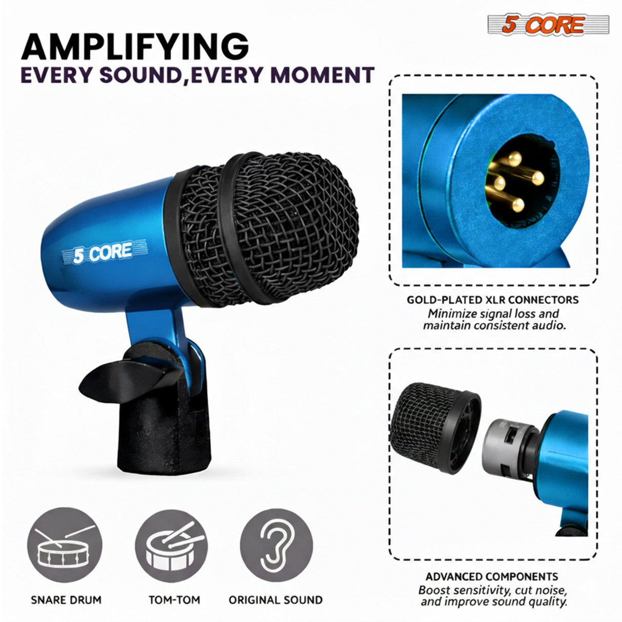 5 Core Conga Mic Snare Tom Set Professional XLR Cardioid Unidirectional Instrument Microphone Kit