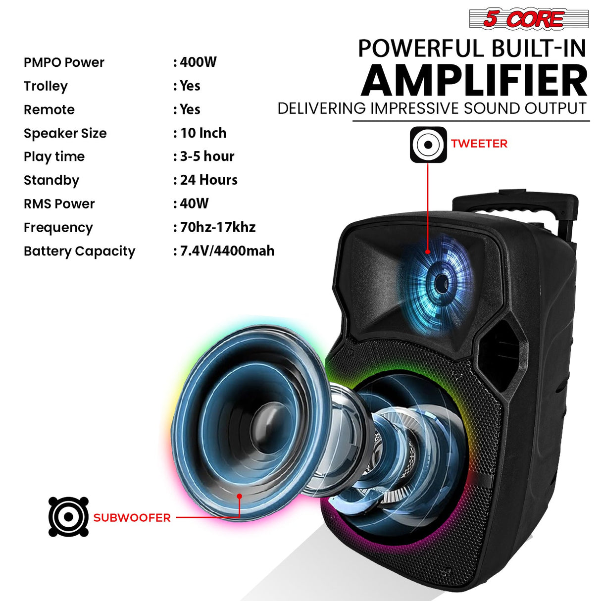 5Core 10 inch PA Portable Bluetooth Party Speaker Karaoke Boombox + 2 Wireless Mics