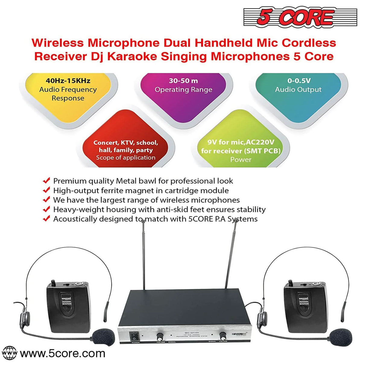 5Core Wireless Microphones w 2 Headset Portable Mini Microfono Inalambricos + Receiver 165ft Range