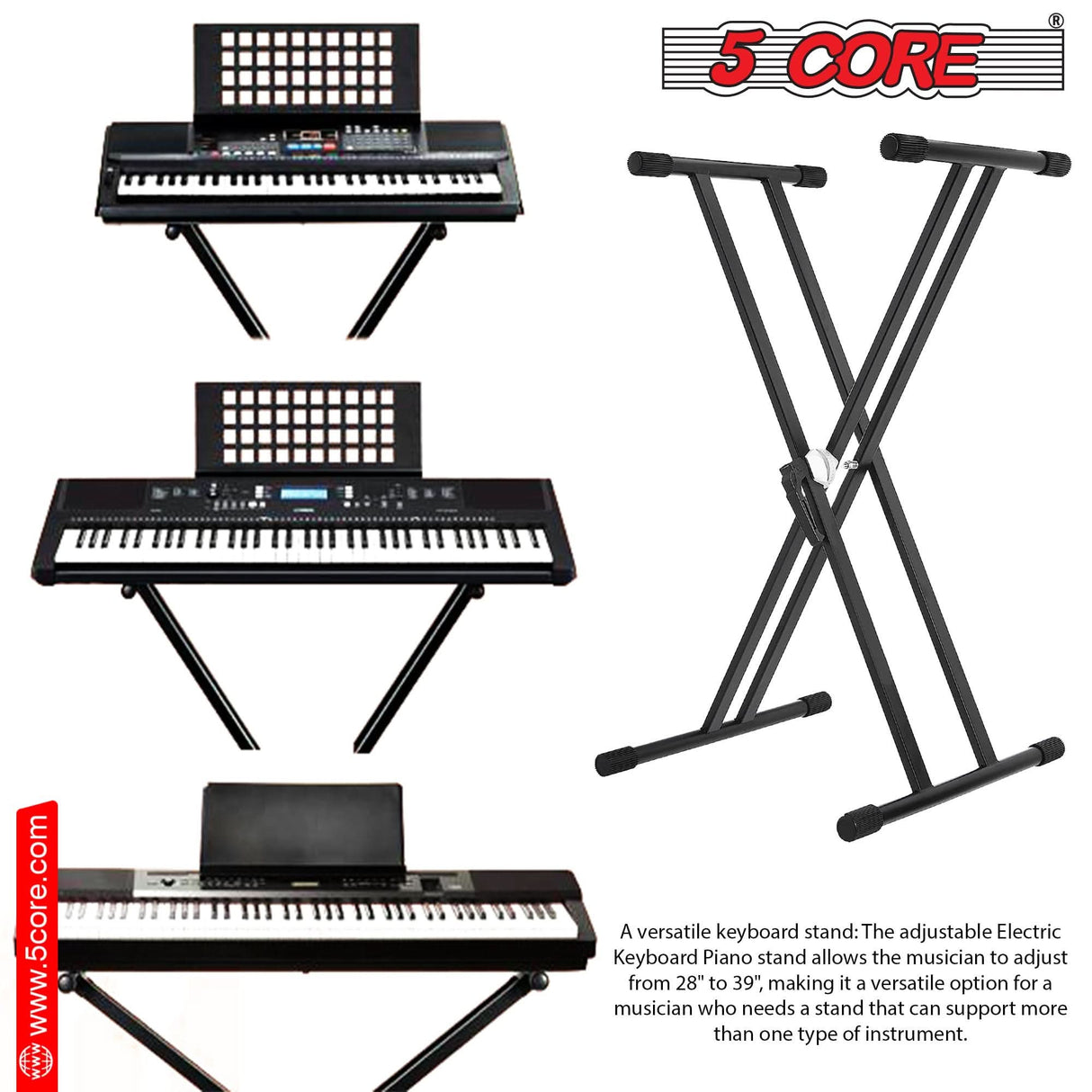 5 Core Keyboard & Bench Set Combo Height Adjustable Key Board Stands w Padded 2" Cushioned Musician Chair