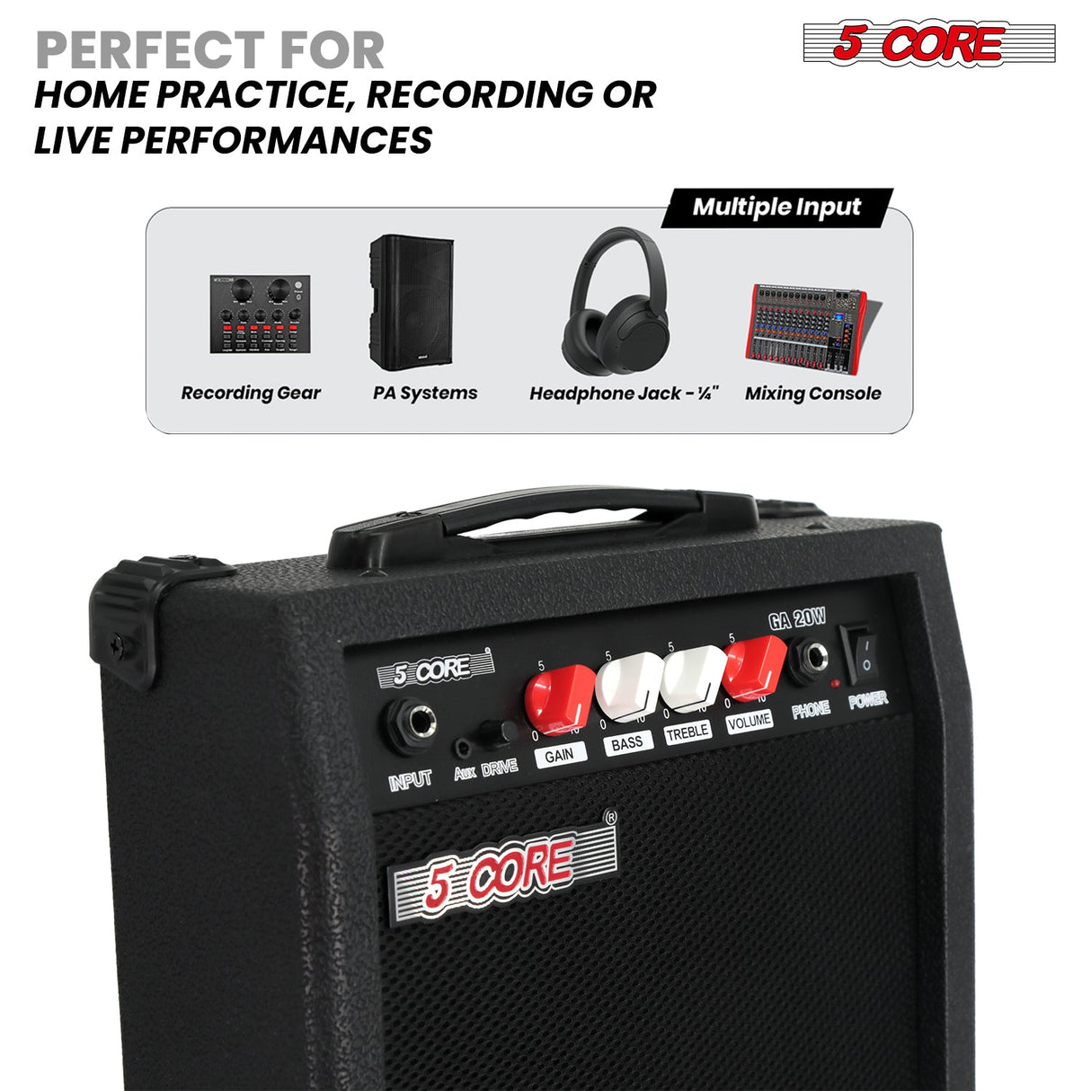 5 Core Guitar Amplifier 20W Electric Portable Mini Amp w Built in 6.5" Speaker Aux Headphone Jack