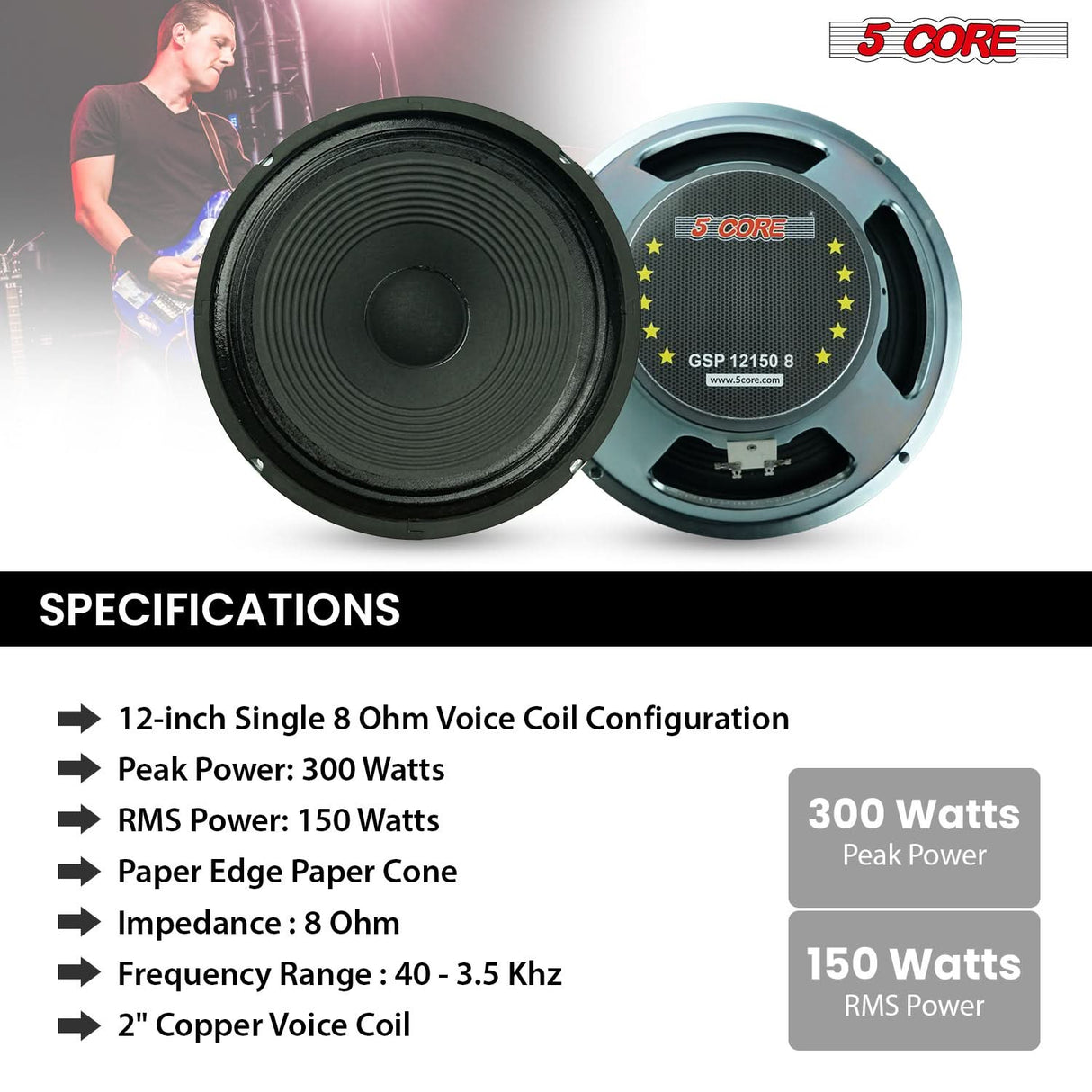 5 Core 12 Inch Guitar Speaker 300W Replacement 8 Ohm Amplifier Cabinet Driver