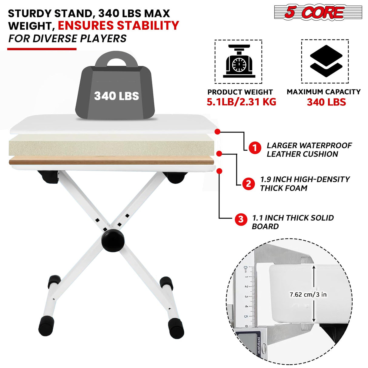 5Core Keyboard Stand Adjustable z Style Piano Riser + Keyboard Piano Bench WHITE