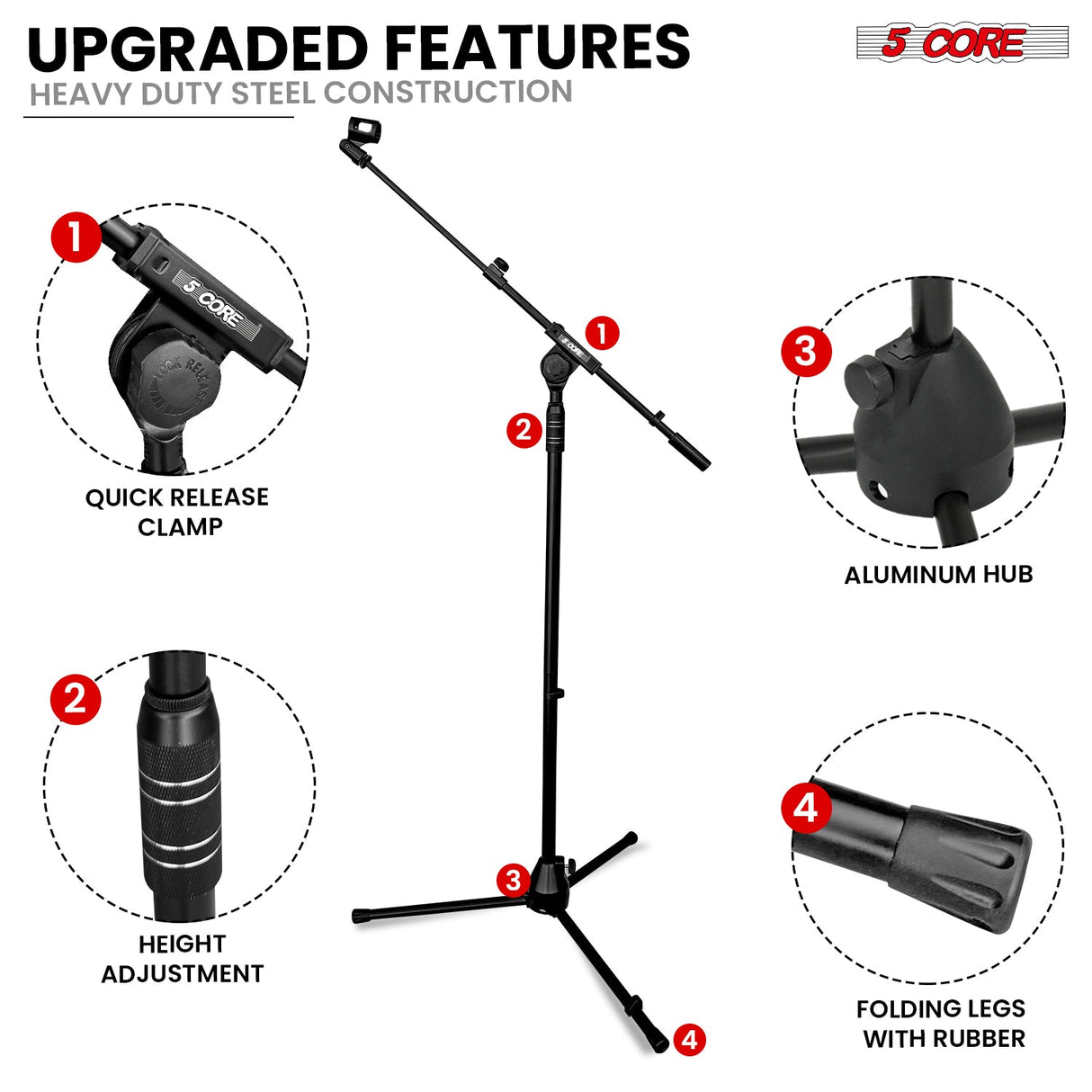 5 Core Microphone Stand Floor Height Adjustable w Extending Telescoping Boom Arm