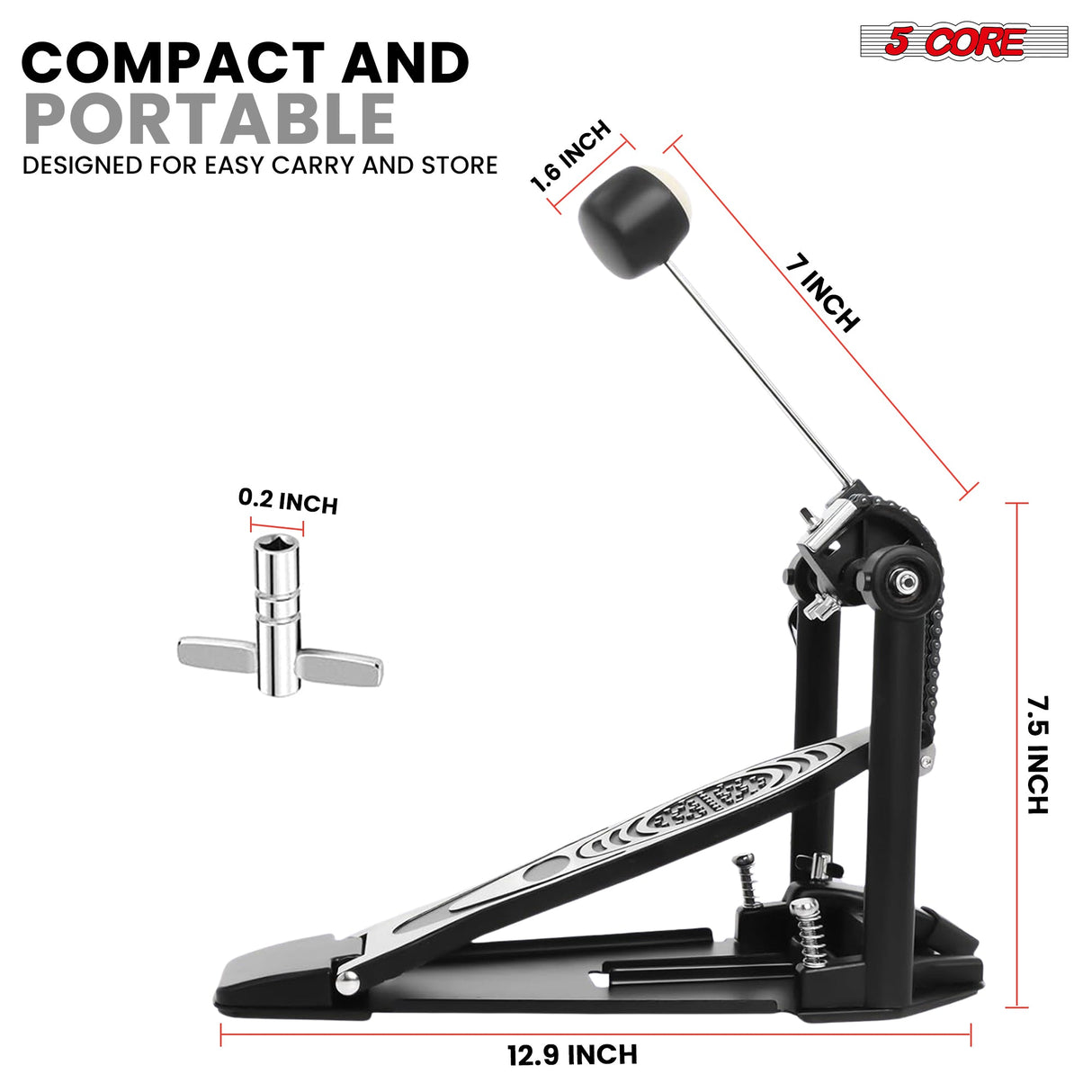 5 Core Bass Drum Pedal Mount Adjustable Felt Beater Head Single Chain Heavyduty Kick Drum Foot Pedal