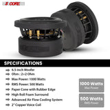 5Core 6.5 Inch Car Subwoofer Dual 2Ohm 1000W Speaker Sub Woofer Driver Aluminum Frame 6.5” Woofers