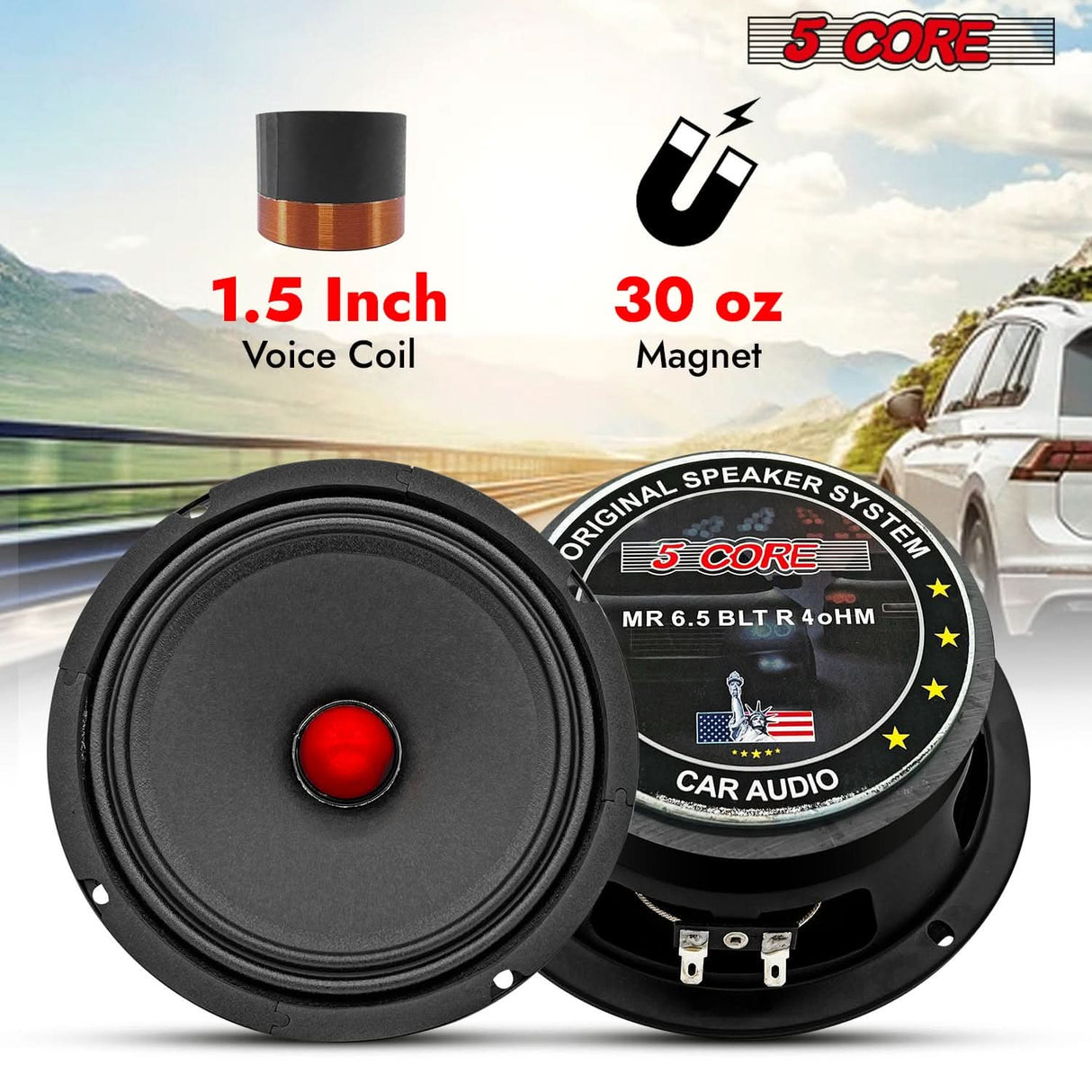 5 Core 6.5" Subwoofer Speaker Pair 360W Mid Range Car Audio Sub Woofer 4Ohm Bass Replacement Driver
