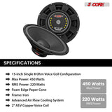 5 Core 15" Subwoofer 500W Car Audio Woofer 4 Ohm Impedance Replacement Deep Bass Sub w 60 Oz Magnet