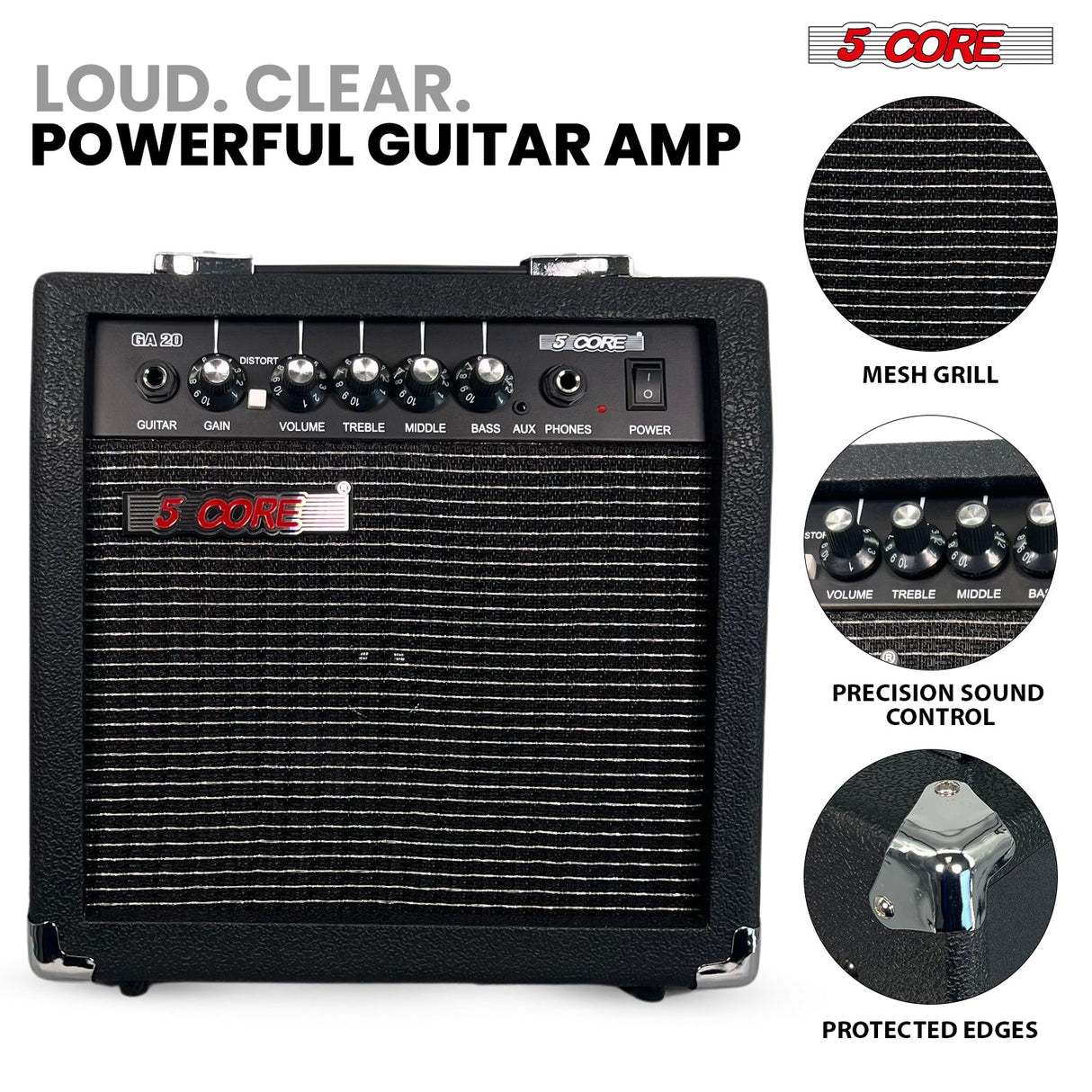 5 Core Guitar Amp 20W Electric Portable Mini Amplifier w Built in 6.5" Speaker Aux Headphone Jack