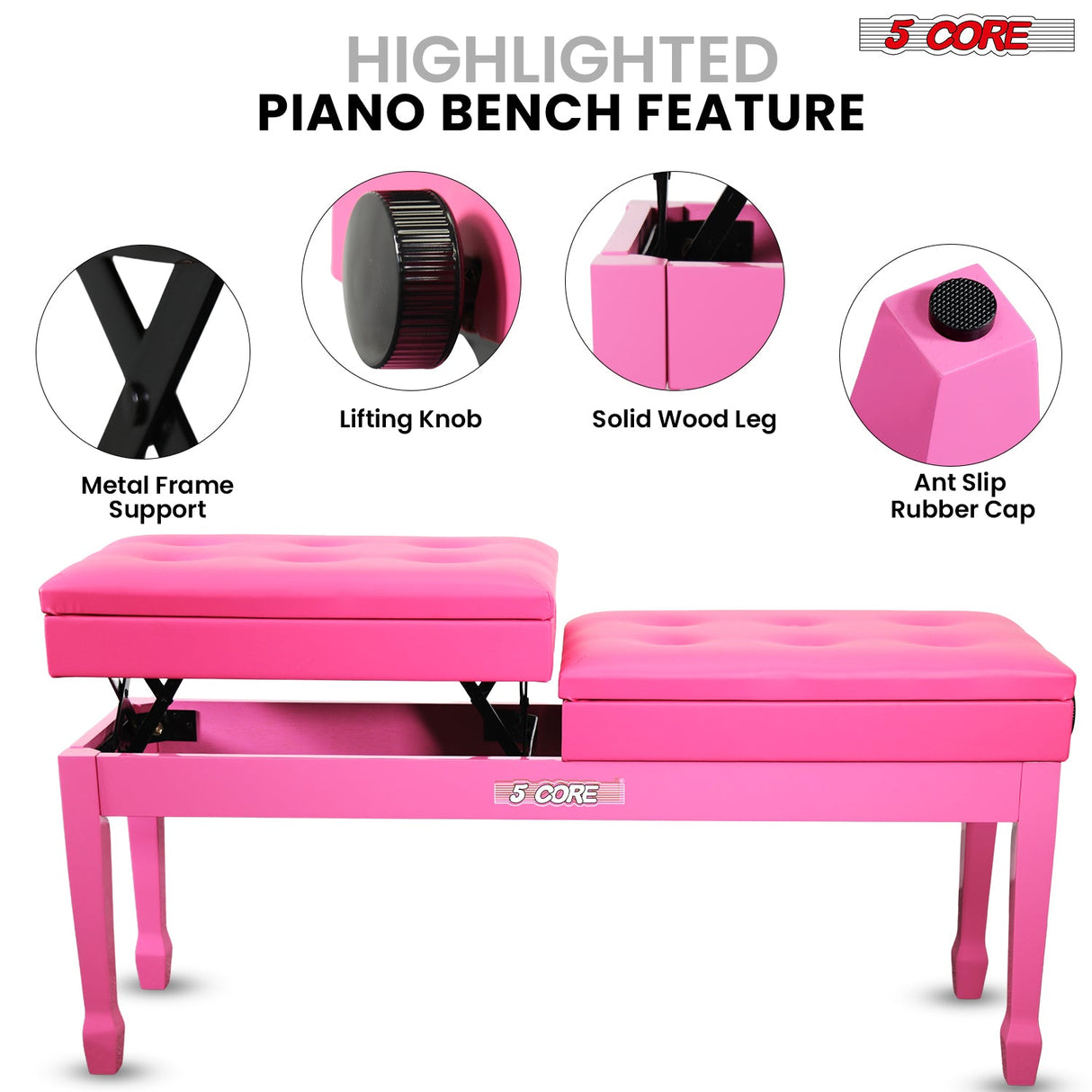 5 Core Duet Piano Bench 3.5 Inch Padded Cushioned Stool Wooden Heavy Duty Musician Chair w Storage