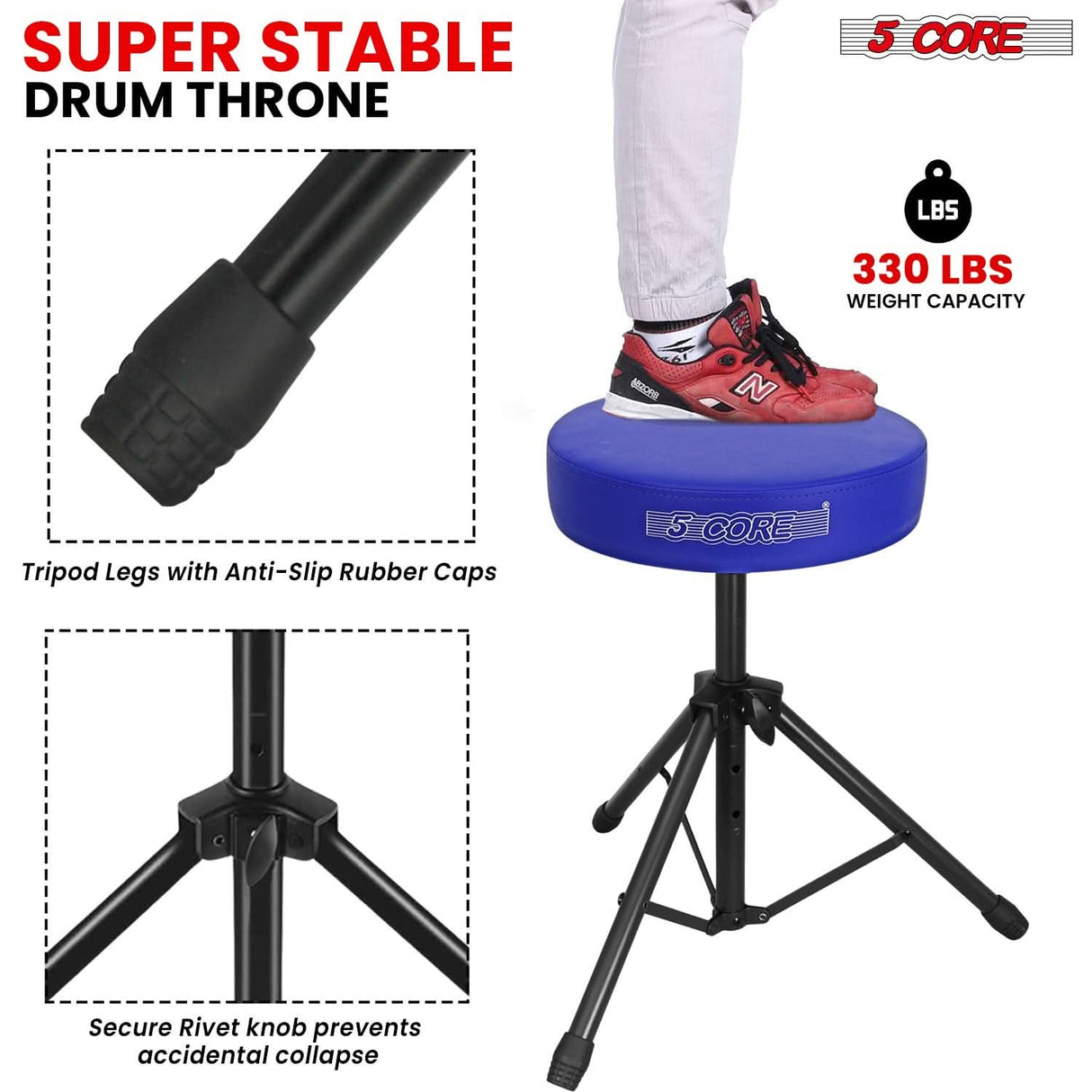 5 Core Drum Throne 3" Thick Padded Memory Foam Comfortable Drummer Stool 330Lb Capacity Adjustable