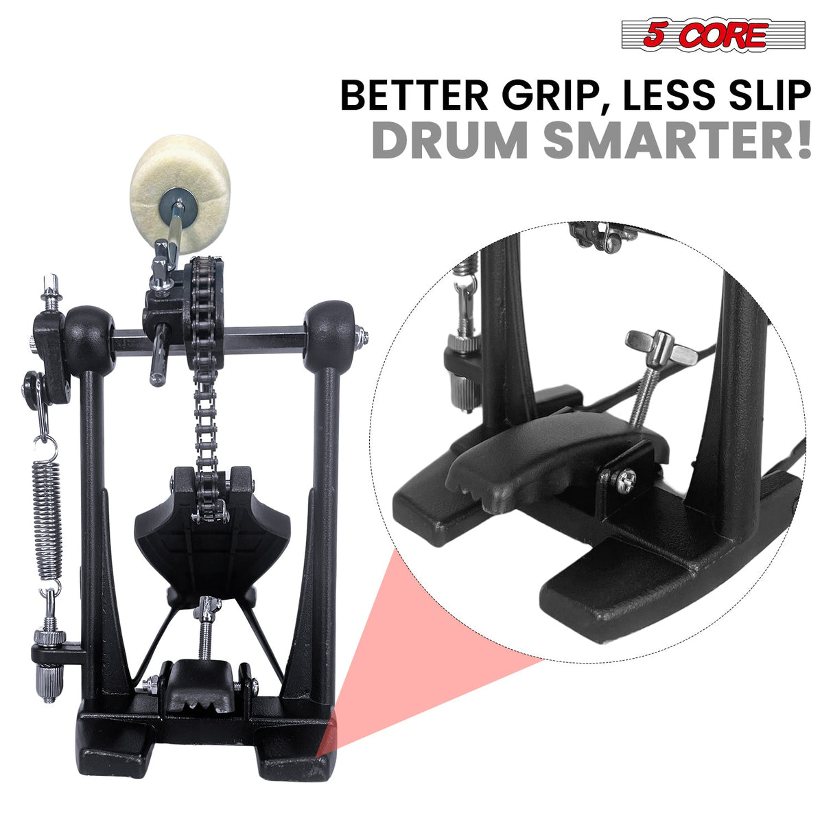 5 Core Bass Drum Pedal Mount Adjustable Felt Beater Head Single Chain Heavyduty Kick Drum Foot Pedal