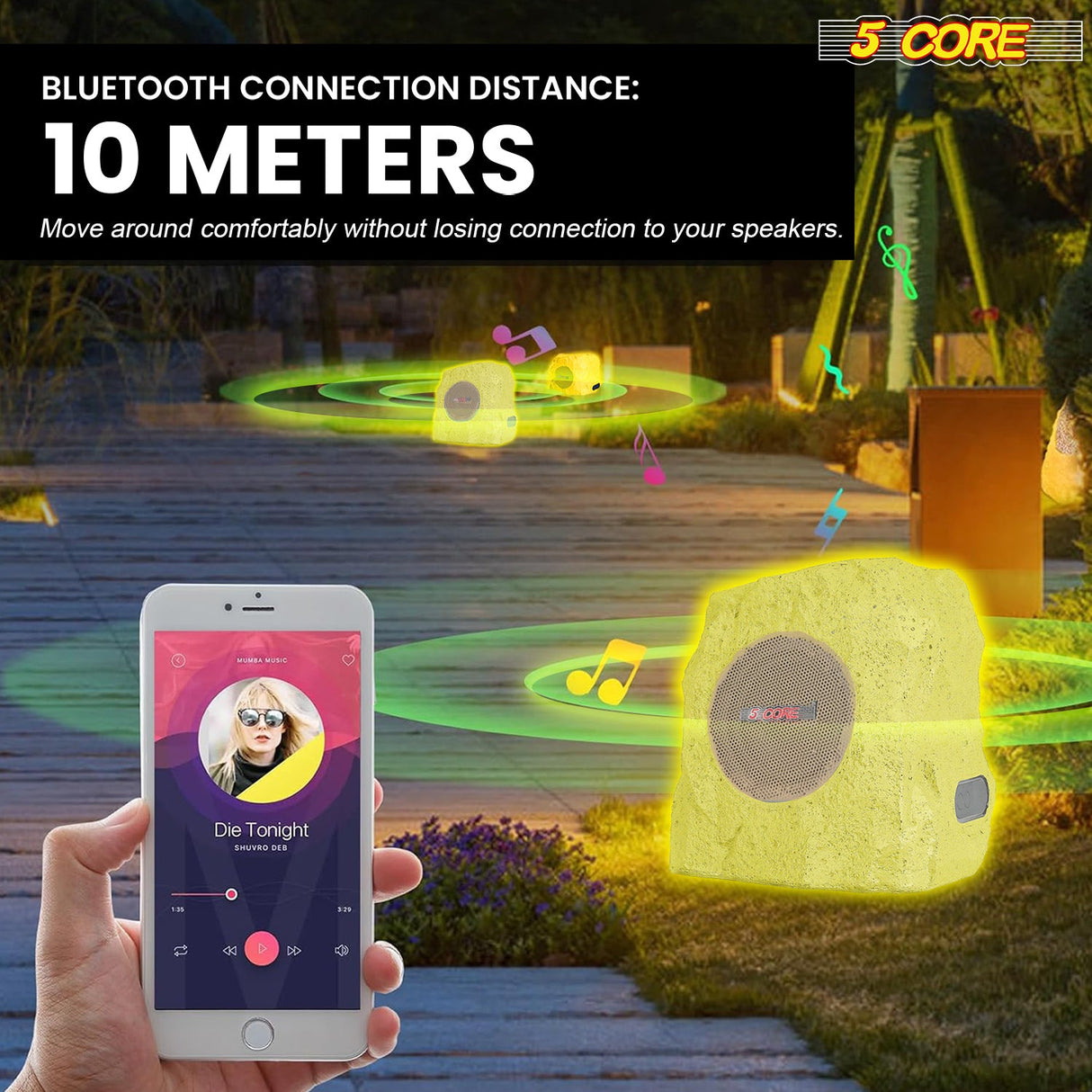 5 Core Rock Speaker Outdoor Waterproof Bluetooth Garden Speakers Solar & USB Charging RGB Colors for Patio Pool & Home