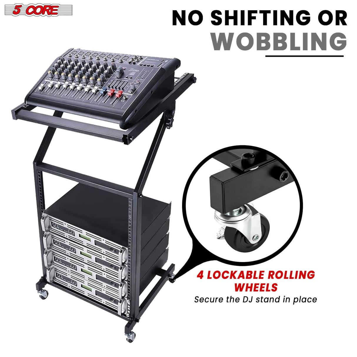5Core DJ Mixer Stand 12U Adjustable Rack Mount Rolling Stage Cart Pro Audio Studio Equipment w Wheel