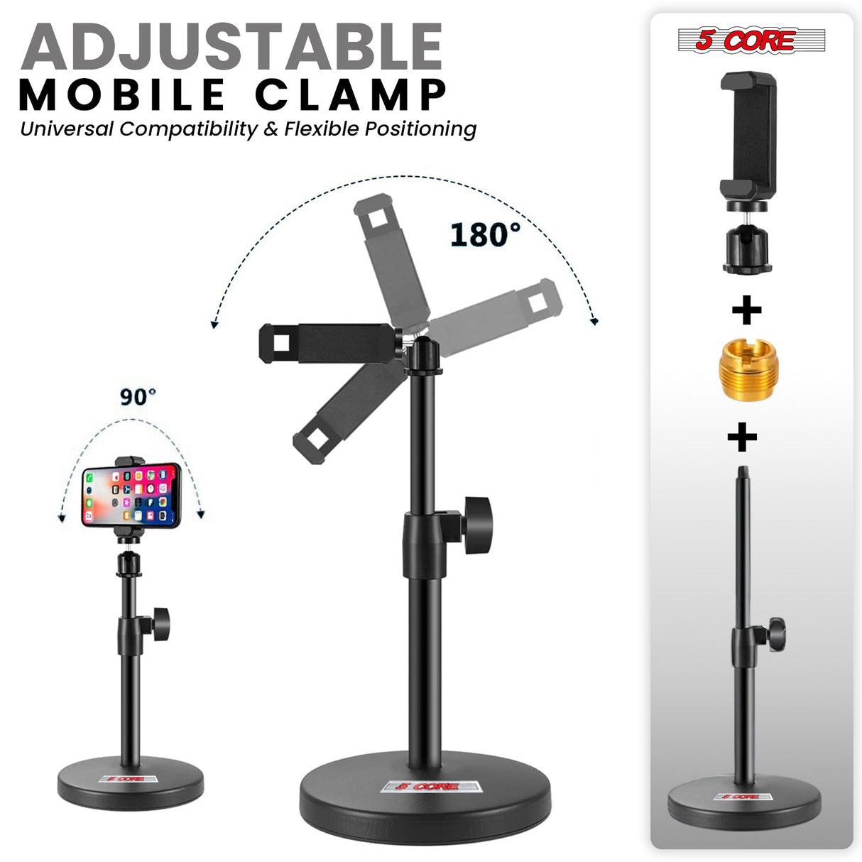 5Core 3n1 Mic Stand Desk Adjustable Table Microphone Stands w Phone Holder Mic Clip