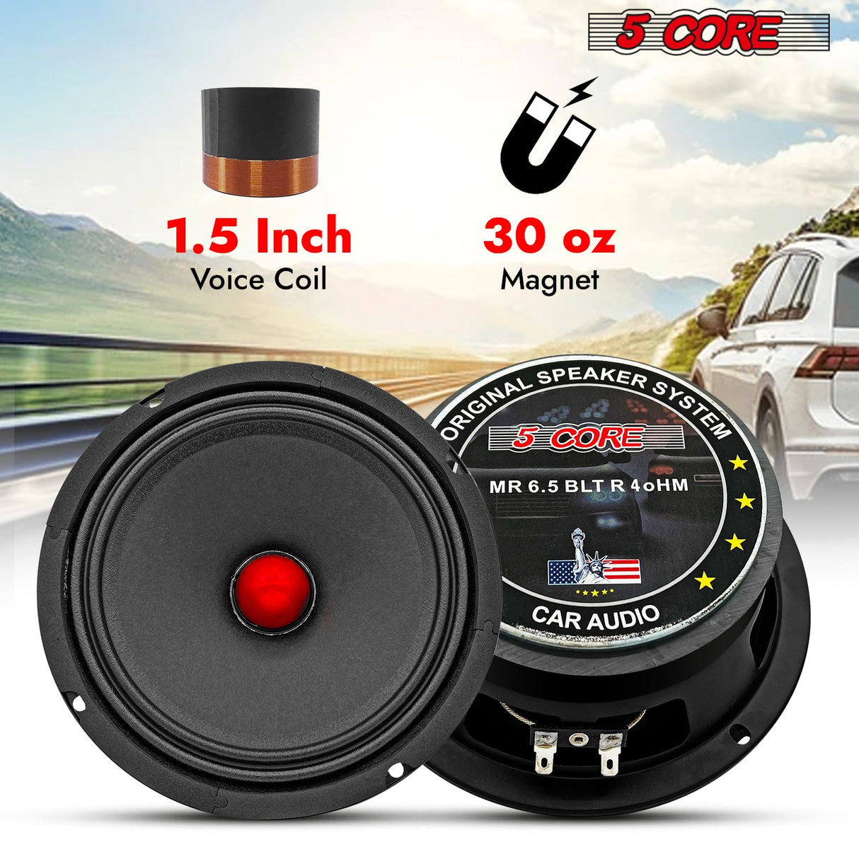 5Core 6.5 Inch Midrange Car Door Speaker 360W Subwoofer w Aluminum Bullet 4Ω Sub Woofer 1 PC