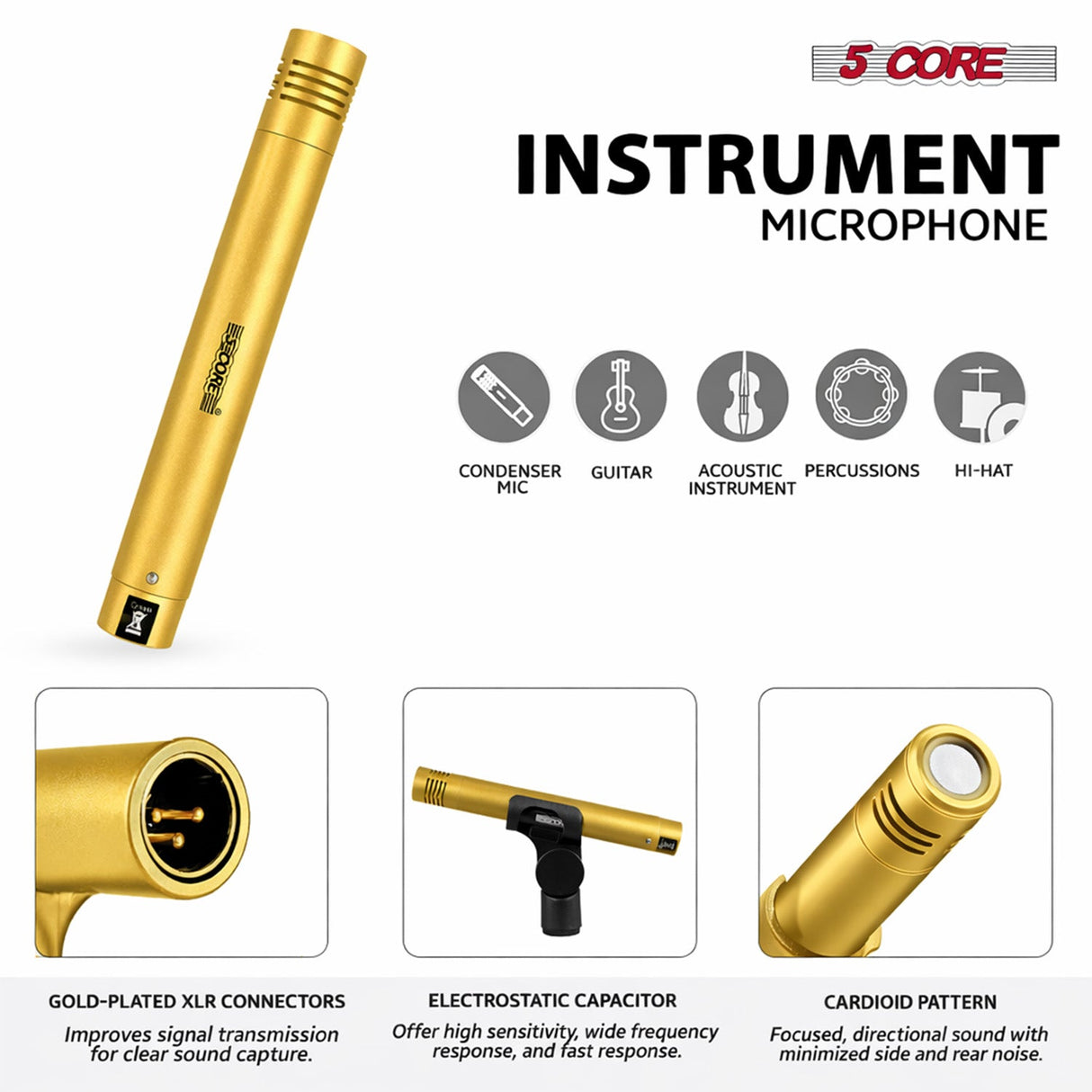 5 Core Conga Mic Snare Tom Microphone Drum Kit Condenser XLR Instrument Mics