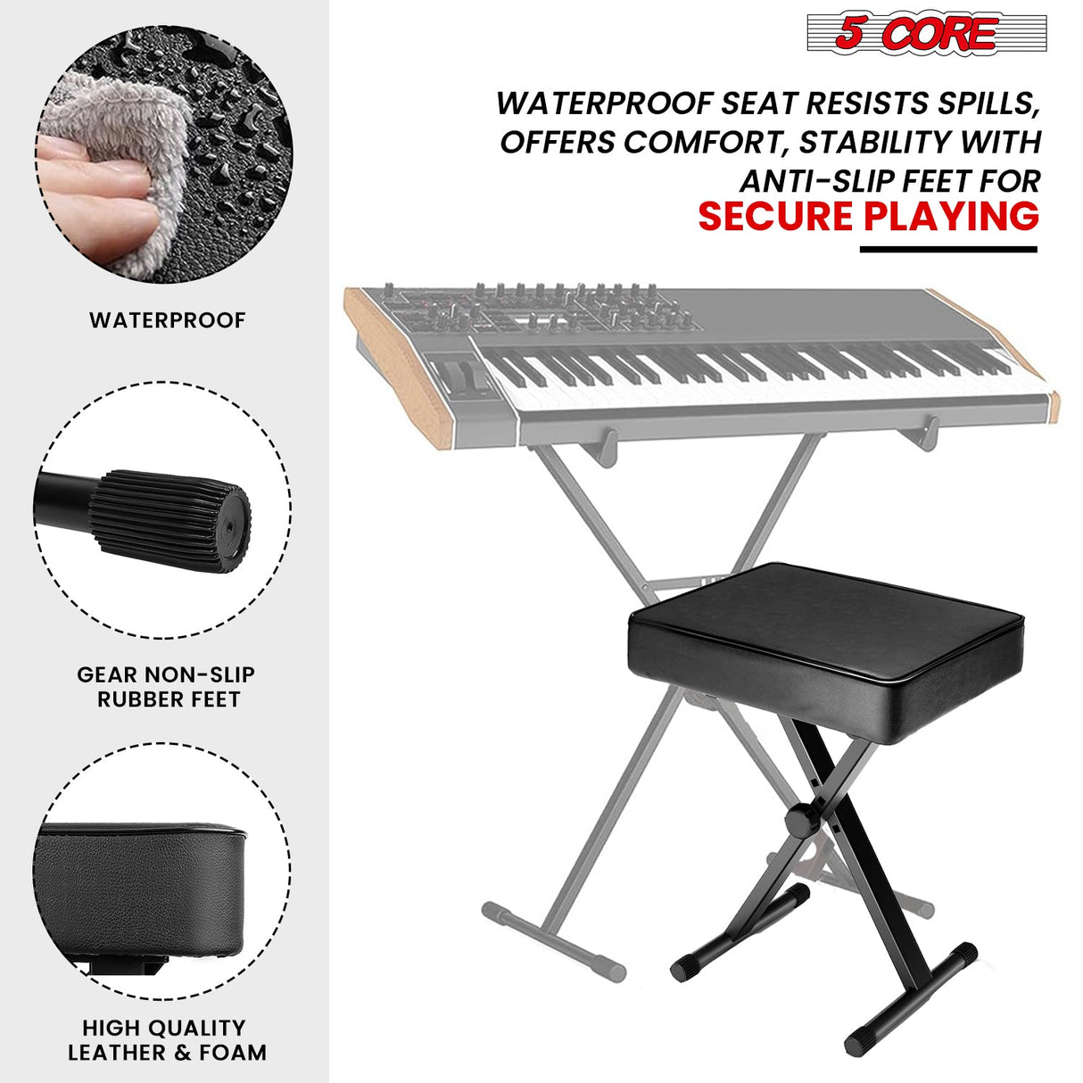 5Core Keyboard Stand Adjustable z Style Piano Riser BLACK + Keyboard Piano Bench BLACK