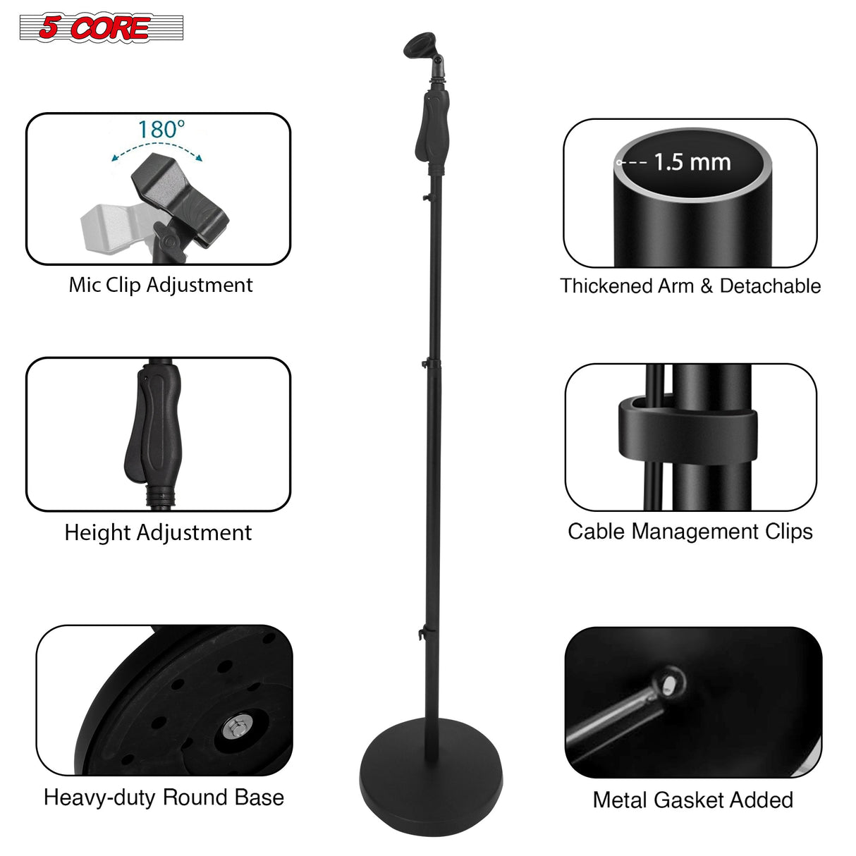 5 Core Microphone Stand Pair Universal Floor Height Adjustable 35 to 57" Round Base Mic Stands Quick Setting Lock-Tight Knob w 5/8 Thread Adapter