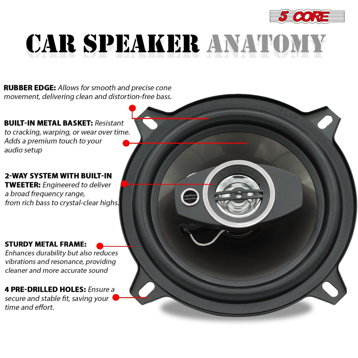 5Core Coaxial Car Door Speakers 5” 4Pcs 350W 4Ohm 2 Way Component Subwoofer Audio w Super Tweeter