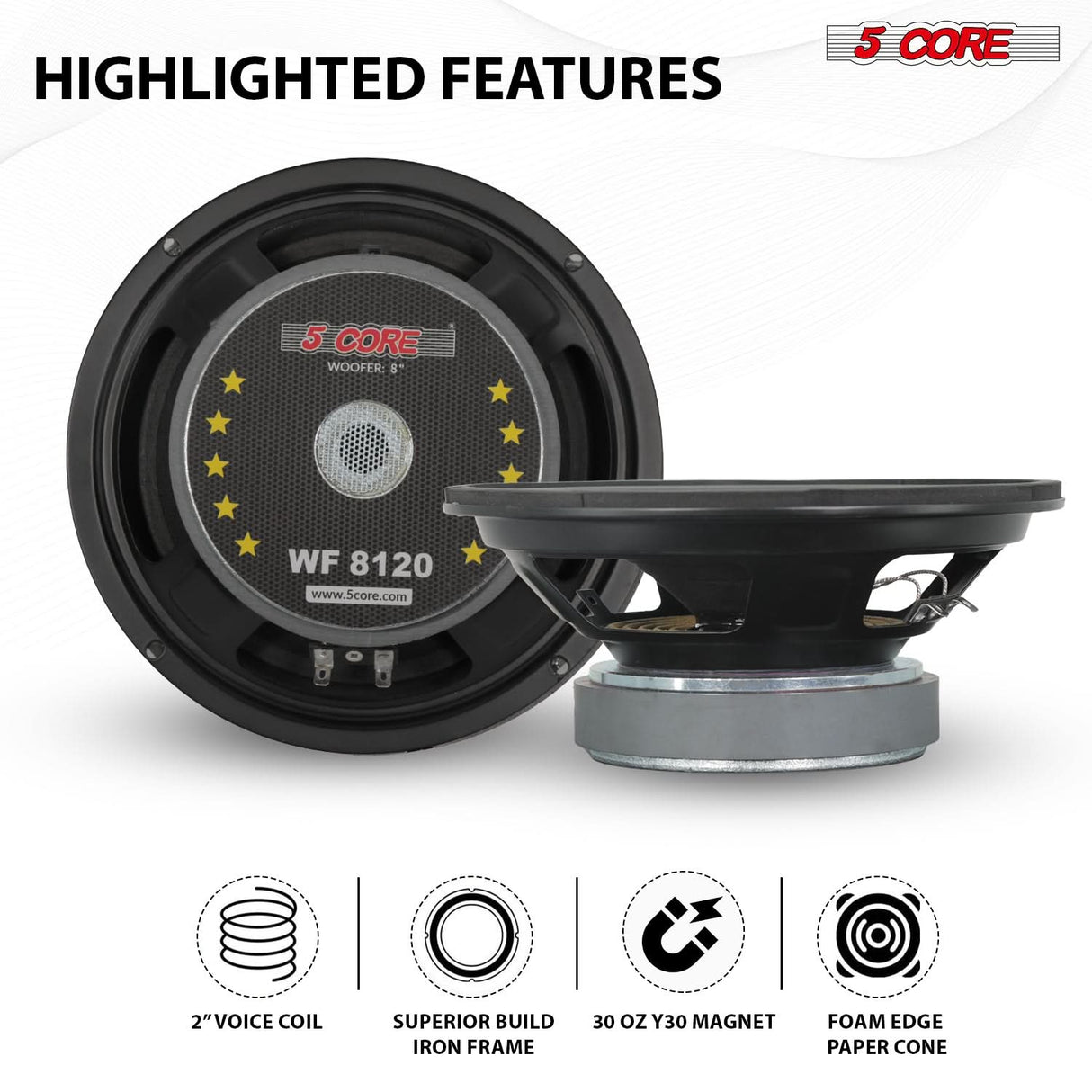 5Core 8 Inch Car Woofer Audio Pair 2000W Combined 4Ohm Deep Bass Sub Woofer Component Speaker System