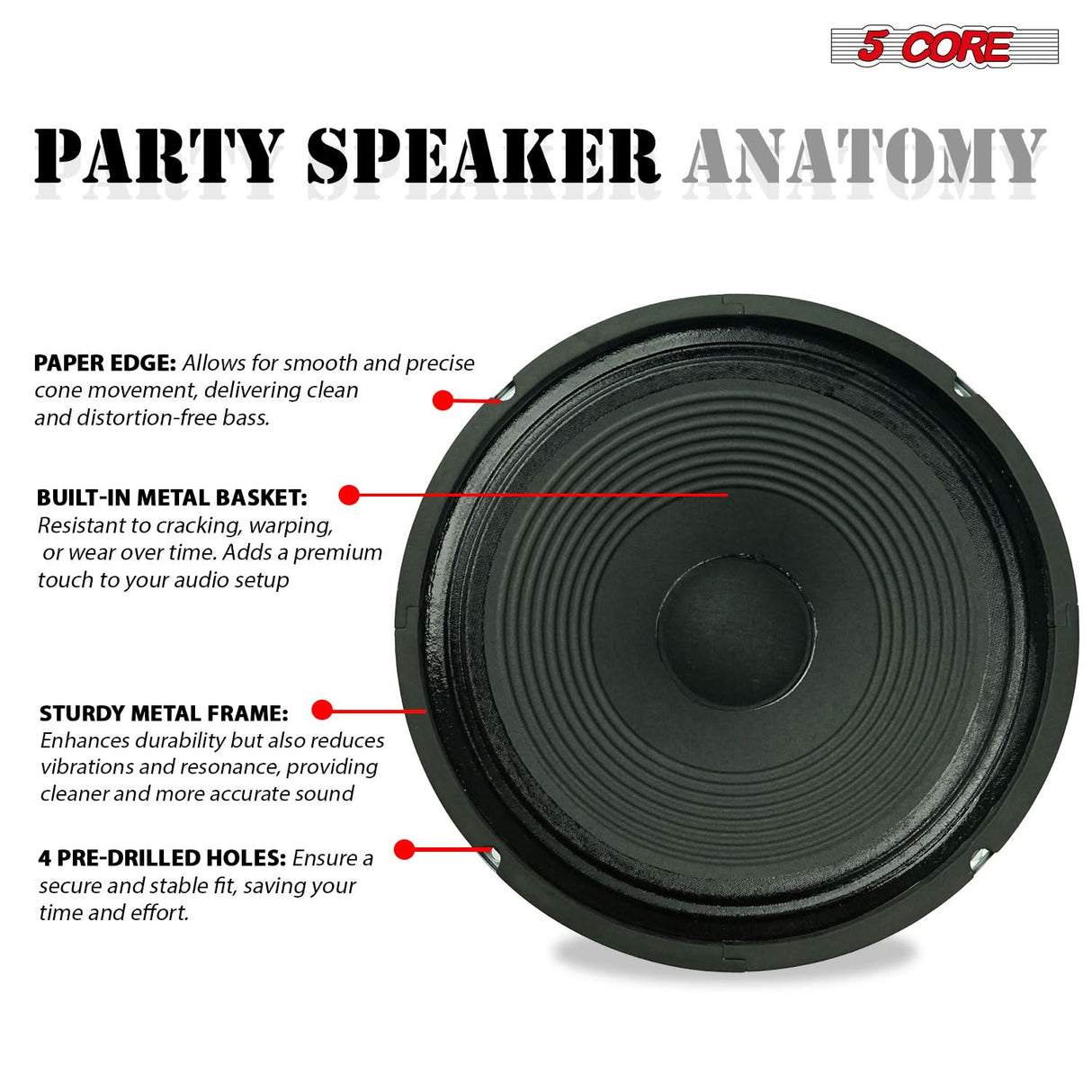 5 Core 12 Inch Guitar Speaker 300W Replacement 16 Ohm Amplifier Cabinet Driver
