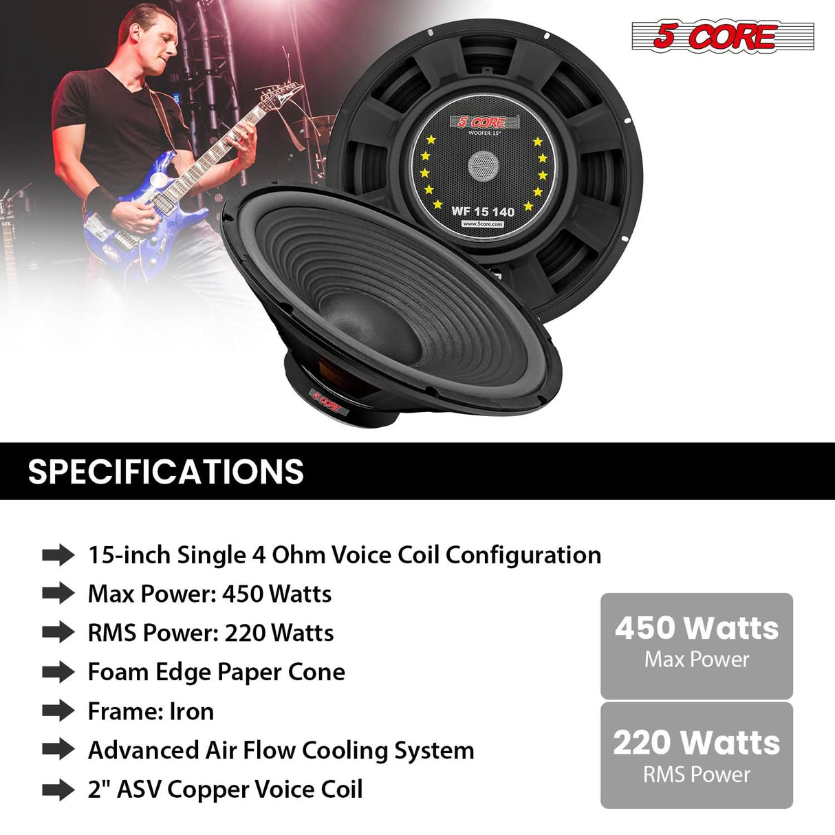 5 Core 15 Inch Guitar Speaker Replacement 450W 4 Ohm Low Distortion for Electric Guitar Amp Cabinet