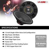 5 Core 15 Inch Guitar Speaker Replacement 450W 4 Ohm Low Distortion for Electric Guitar Amp Cabinet