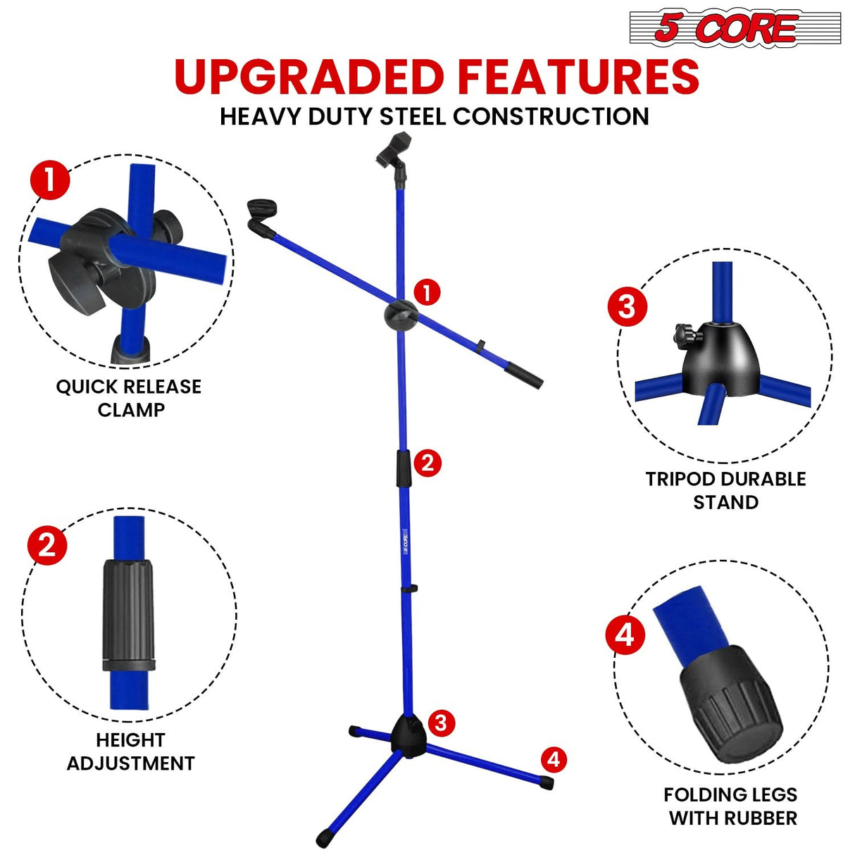 5 Core Mic Stand 2 Pcs Floor Height Adjustable Tripod Microphone Stands w Extending Telescoping Boom Arm