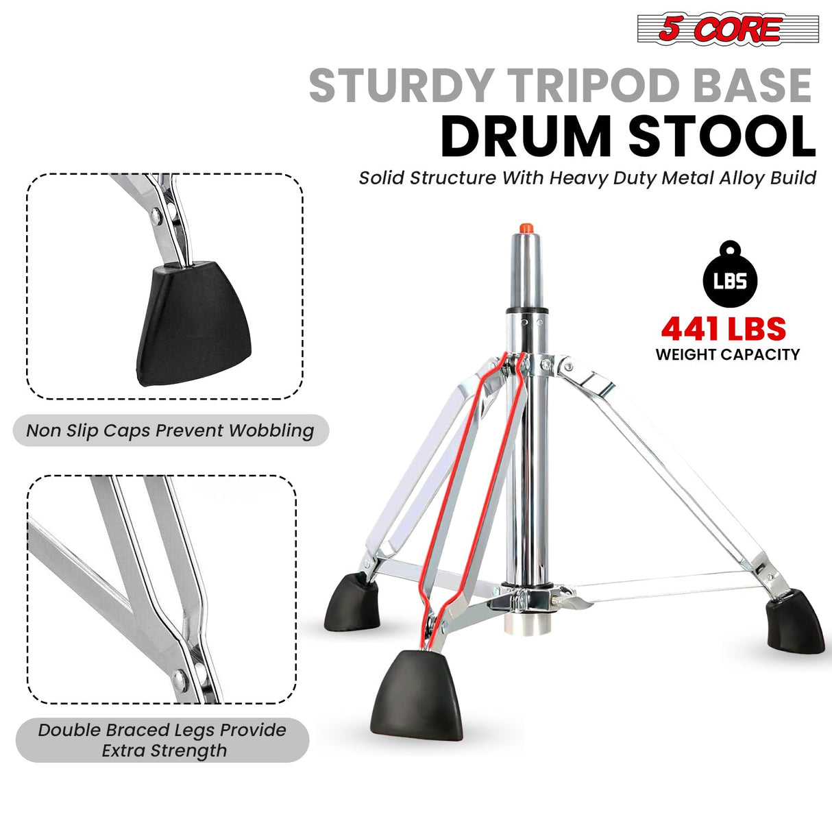 5 Core Drum Throne w Backrest 4" Padded Stool Airlift Adjustable 25.5" Drummer Chair 441Lb Capacity