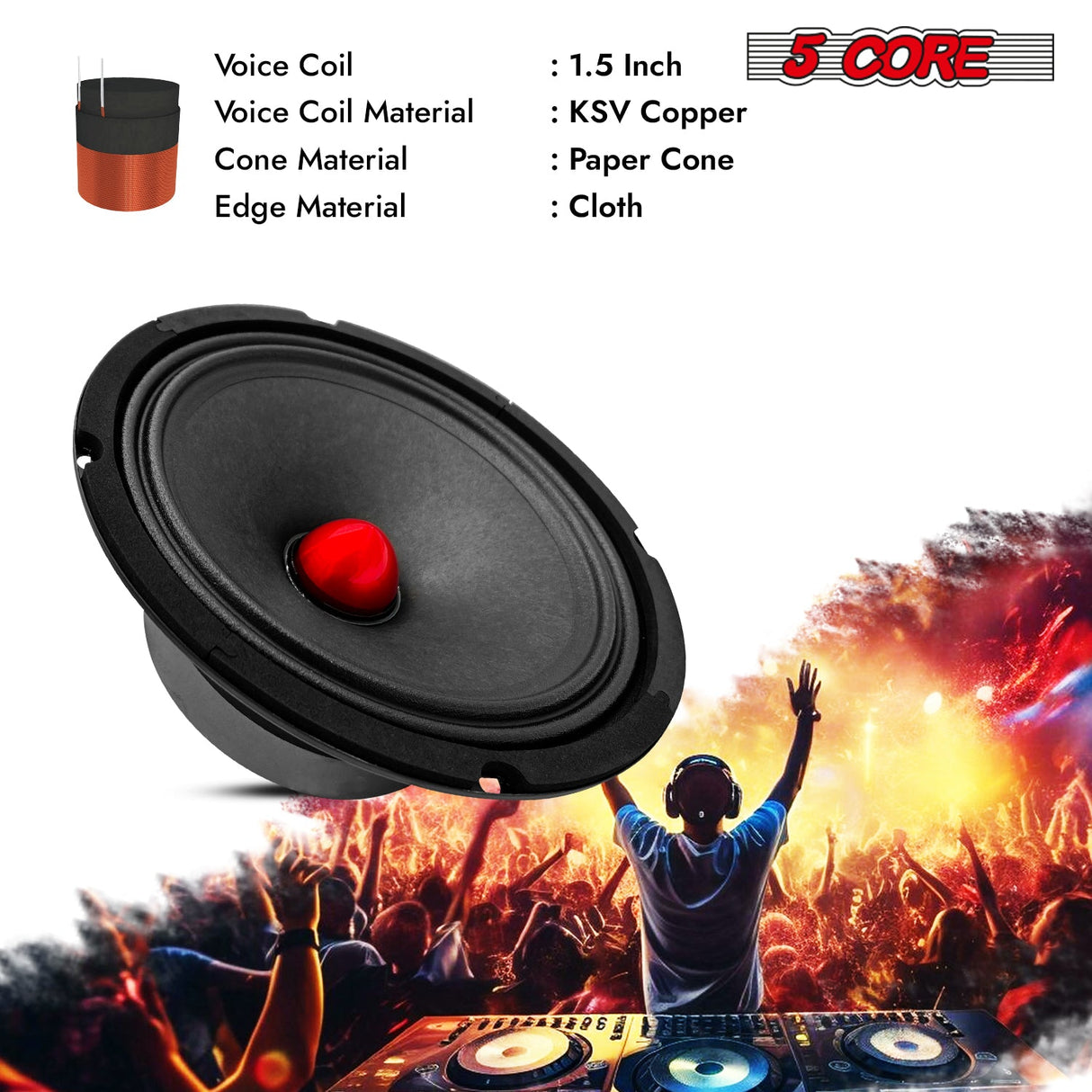 5Core 8 Inch Midrange Door Speaker 500W Subwoofer w Aluminum Bullet 8Ω Sub Woofer 1 PC