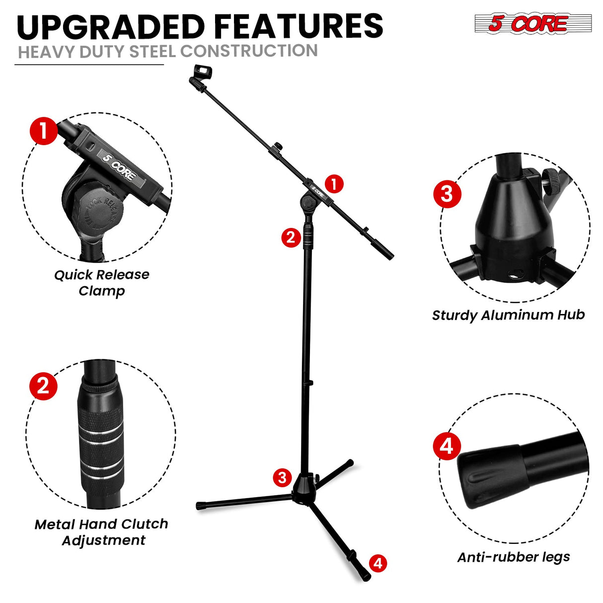 5 Core Mic Stand Pair Height Adjustable Universal Microphone Stands Floor w Telescoping Boom Arm