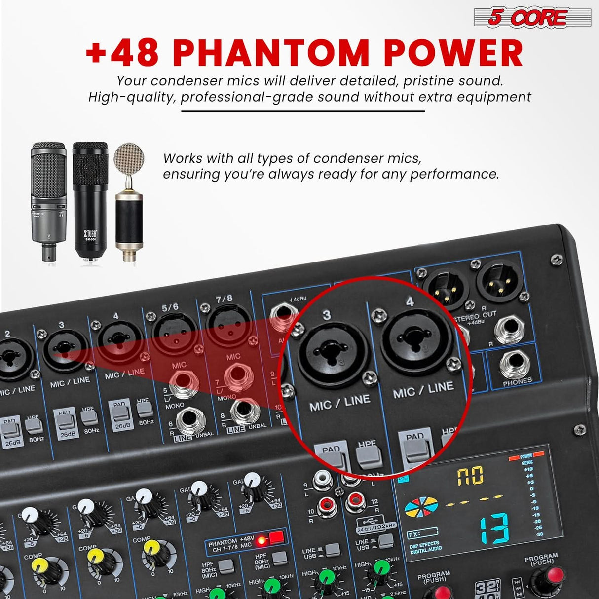 5 Core Audio Mixer 12 Channel DJ Soundboard USB Interface Bluetooth Mixing Console w 99 DSP Effect