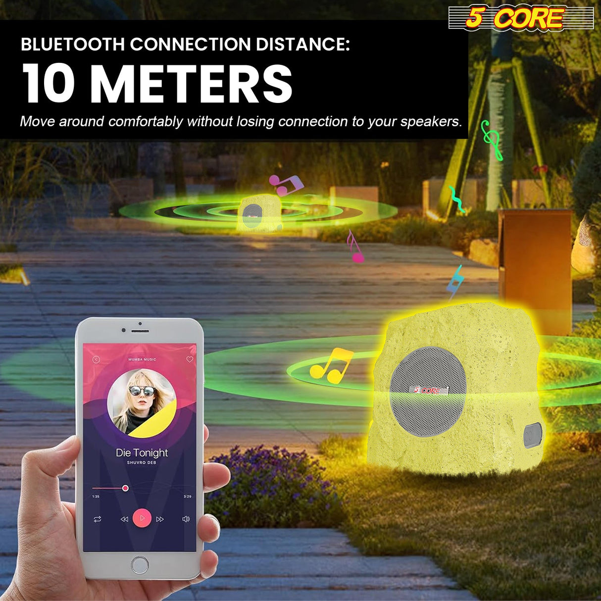 5 Core Rock Speaker Outdoor Waterproof Bluetooth Garden Speakers Solar & USB Charging RGB Colors for Patio Pool & Home