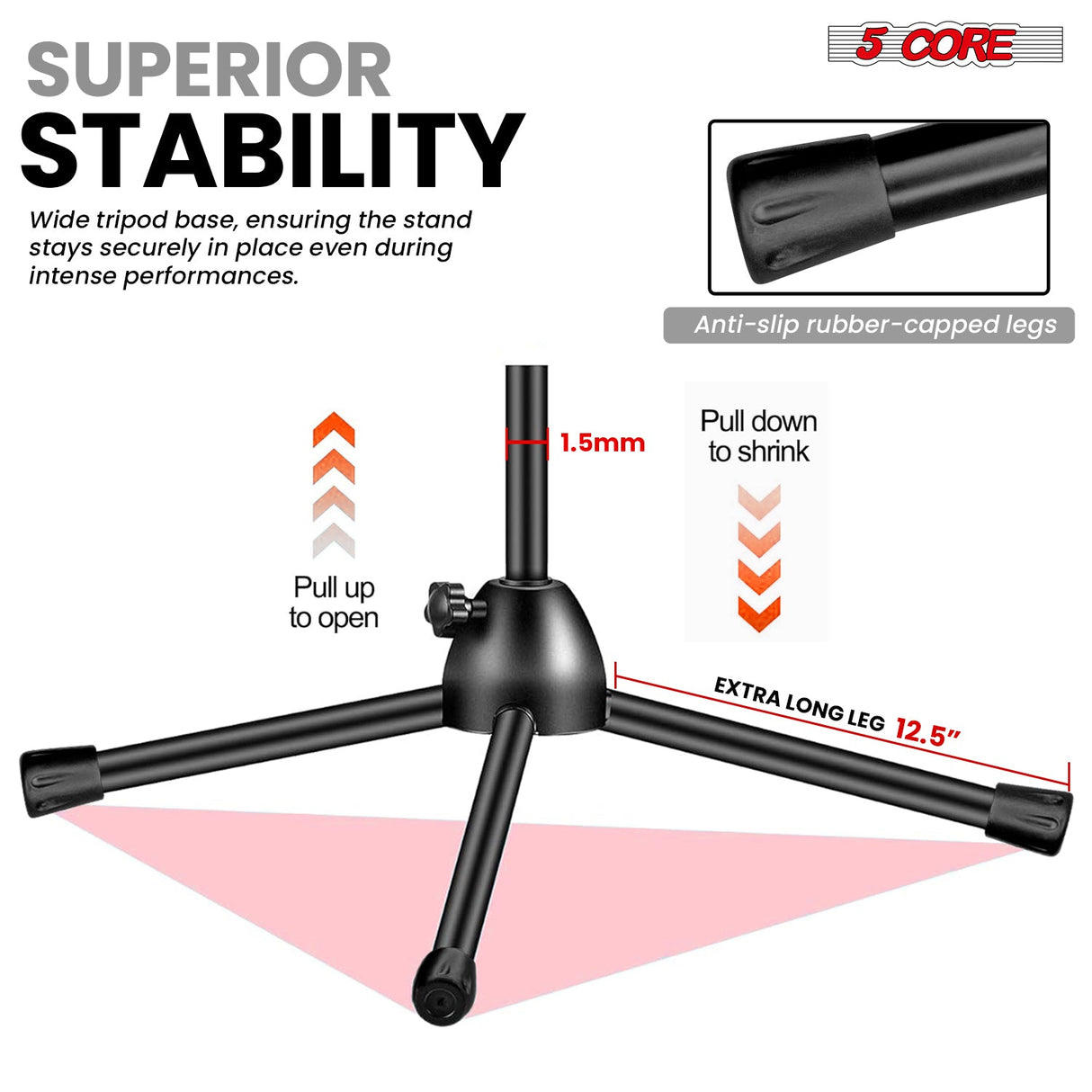 5 Core Microphone Stand Floor Height Adjustable w Extending Telescoping Boom Arm