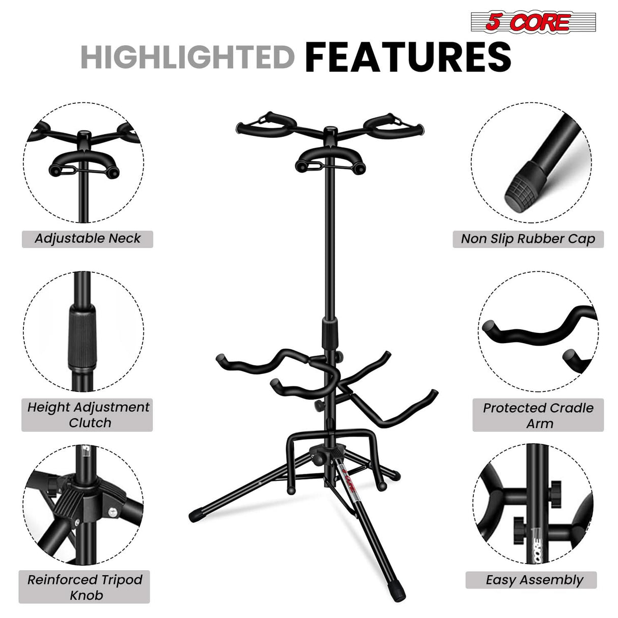 5 Core Guitar Stand Adjustable Triple Guitars Stands Floor w Neck Holder for Acoustic Electric Bass