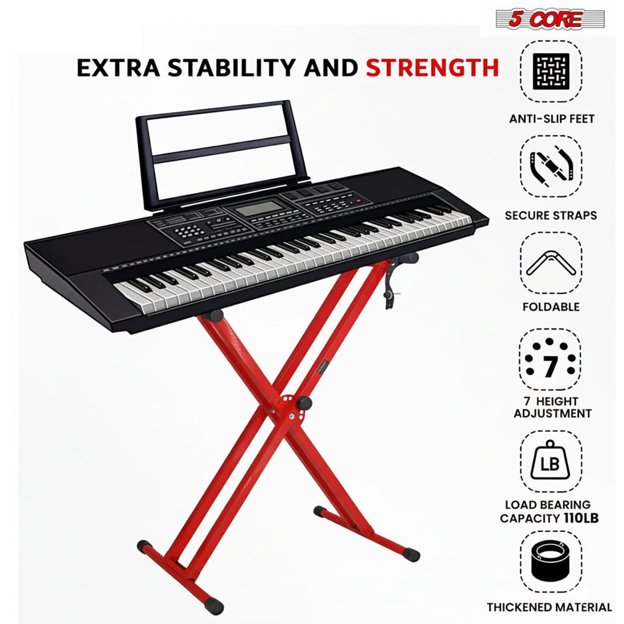 5 Core Keyboard Stand Dual X Shape Adjustable Foldable Portable Key Board Stands w Locking Strap