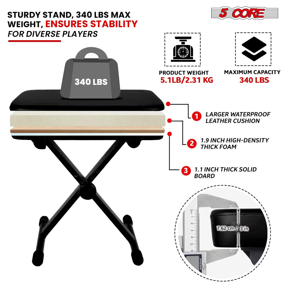 5Core Keyboard Stand Adjustable z Style Piano Riser BLACK + Keyboard Piano Bench BLACK