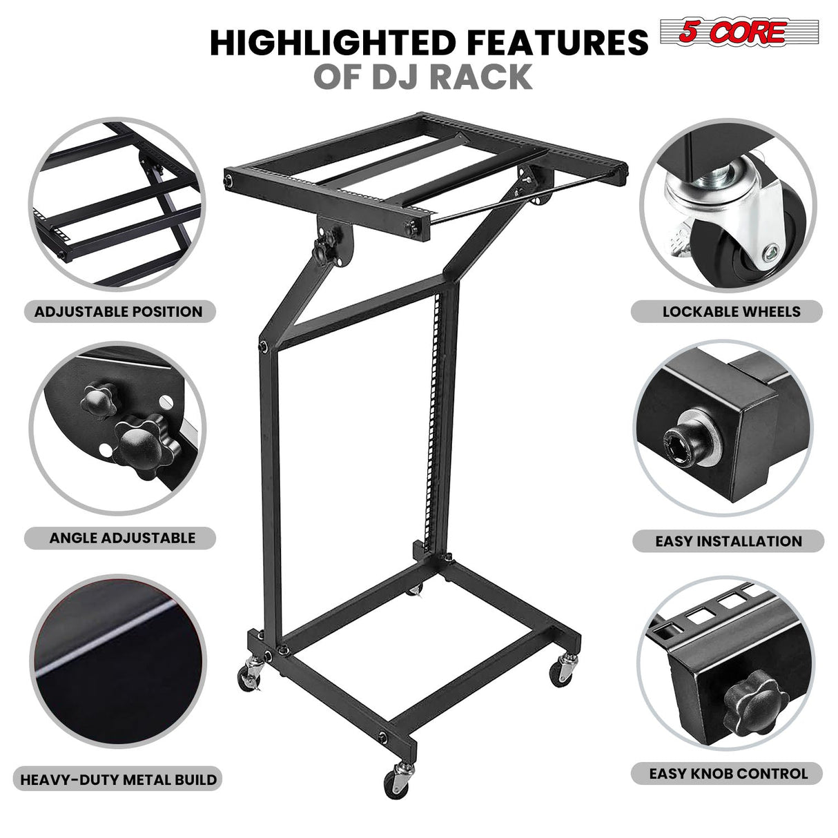 5Core DJ Mixer Stand 12U Adjustable Rack Mount Rolling Stage Cart Pro Audio Studio Equipment w Wheel