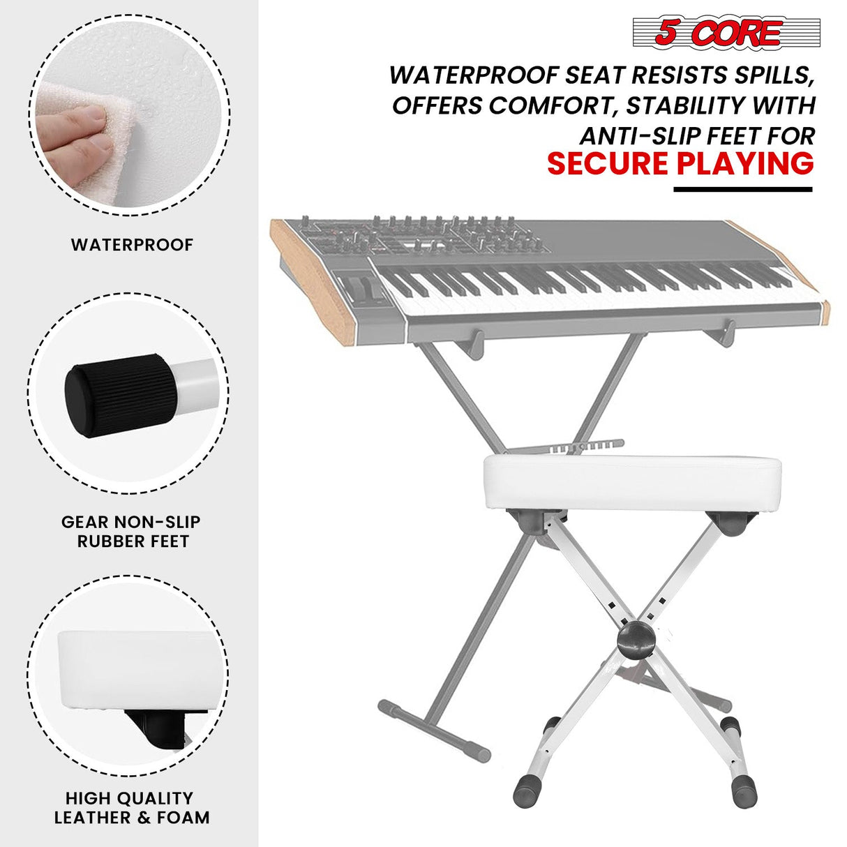 5Core Keyboard Stand Adjustable z Style Piano Riser + Keyboard Piano Bench WHITE