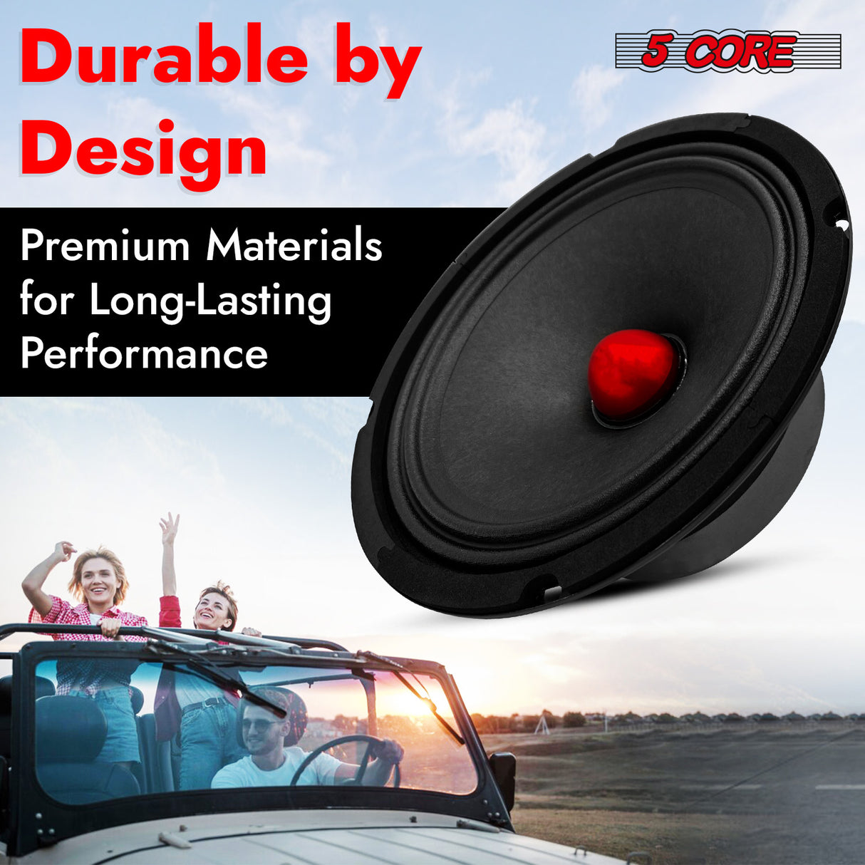 5 Core 8 Inch Midrange Speaker Pair 500W Aluminum Bullet 4 Ohm Pro Audio Slim Car Door Loudspeaker